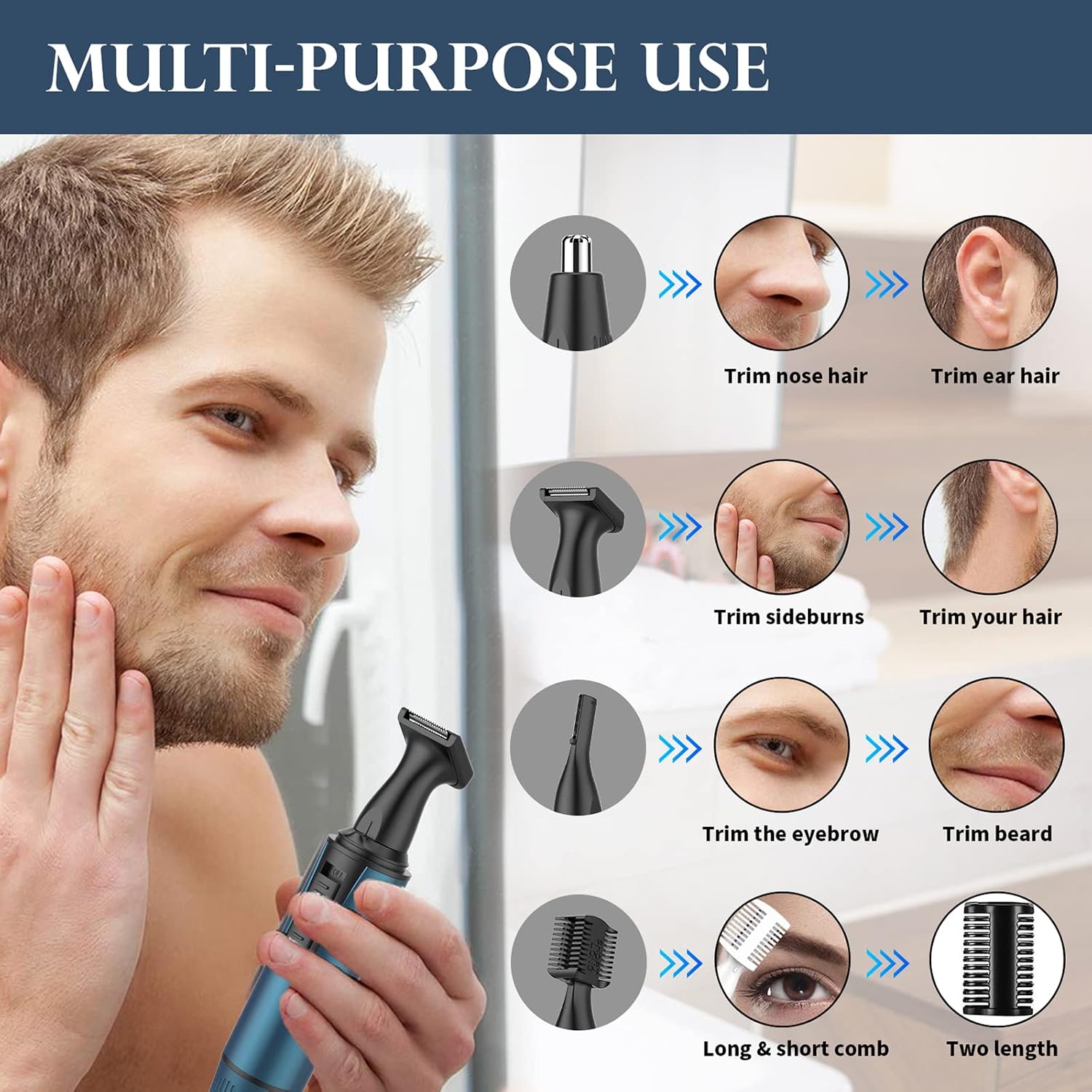 Nasenhaartrimmer Herren, 3 in 1 Professioneller USB Wiederaufladbar Nasenhaartrimmer, Nasenhaarentferner mit IPX7 Wasserdicht, Dual-Klingen, Einfache Reinigung, Nasentrimmer Männer, Blau – Bild 7