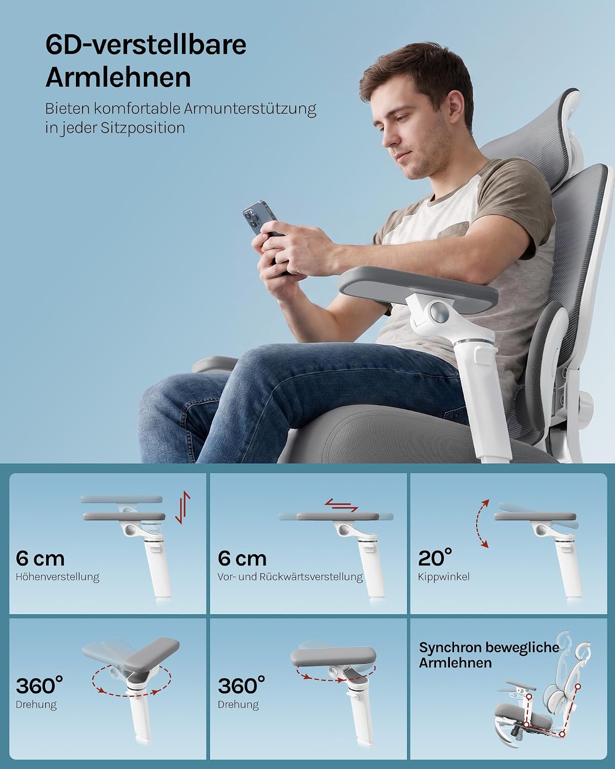 WOLTU Bürostuhl Ergonomisch, Schreibtischstuhl, 6D Armlehnen Grau+Weiß – Bild 5