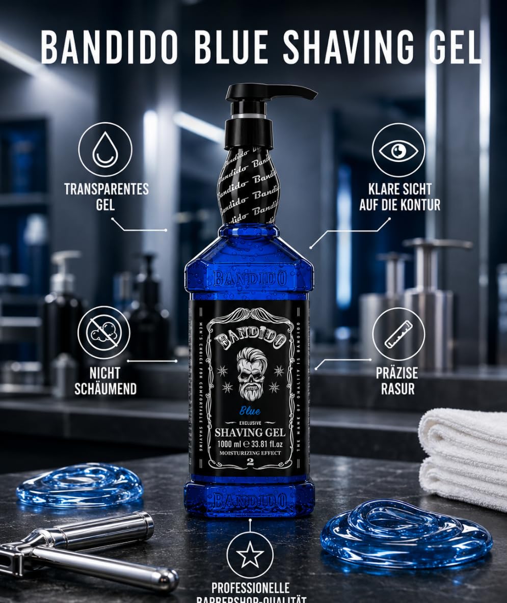 Bandido Shaving Gel Men Red & Blue 1000ml Rasiergel Transparent Männer Rasur Herren nicht-schäumend präzise Rasur der Bartkonturen mit jeder Rasierklinge Rasiermesser Herren verwendbar (Blue 1000ml) – Bild 2