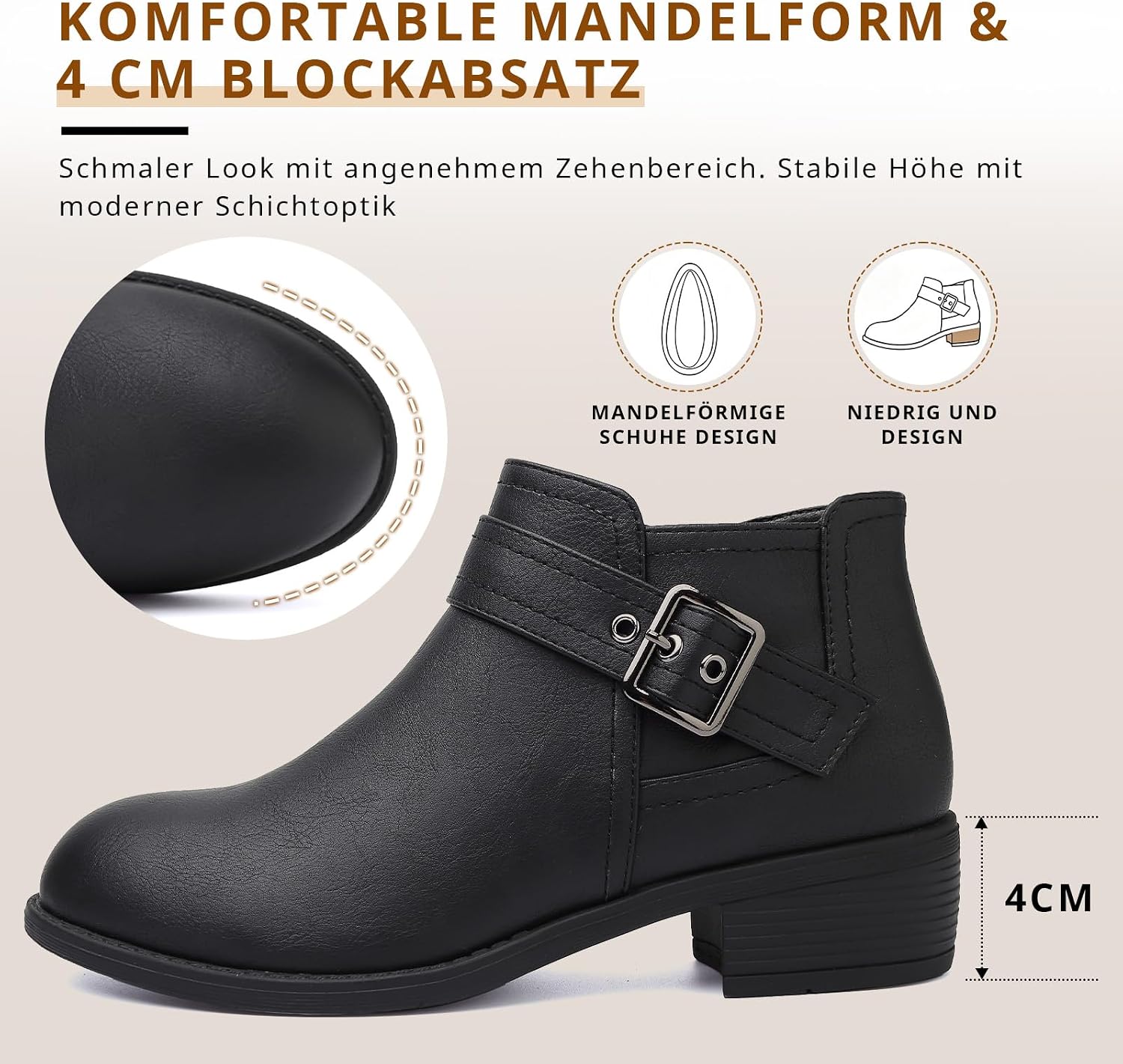 ziitop Stiefeletten Damen Schwarz mit Reißverschluss Elegante Boots Stiefel Damen Spitz Zulaufend Schnalle Western Chelsea Ankle Boots Herbst Winter Schuhe Ungefüttert Vielseitig Kurzstiefel – Bild 2