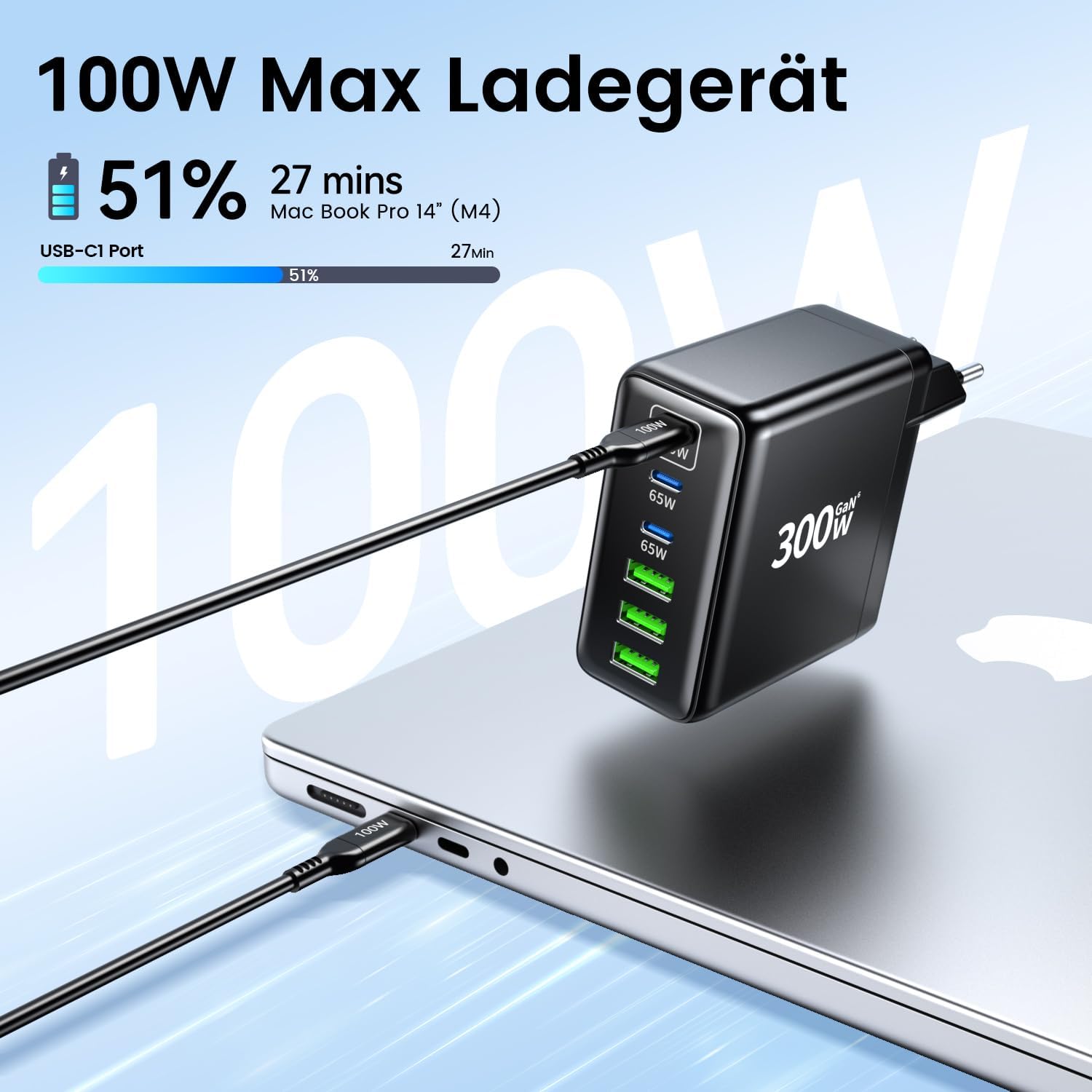 HSSNS 300W USB-C Ladegerät, 6 Port USB Ladegerät Mehrfach Schnellladegerät mit 3 USB-C und 3 USB-A, GaN PD Charger für MacBook iPad Pro/Air, iPhone 17 16 15 Pro Max, Samsung usw. – Bild 2
