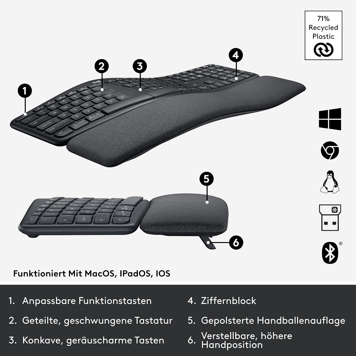 Logitech ERGO K860 kabellose ergonomische Tastatur – geteilte Tastatur – Bild 8
