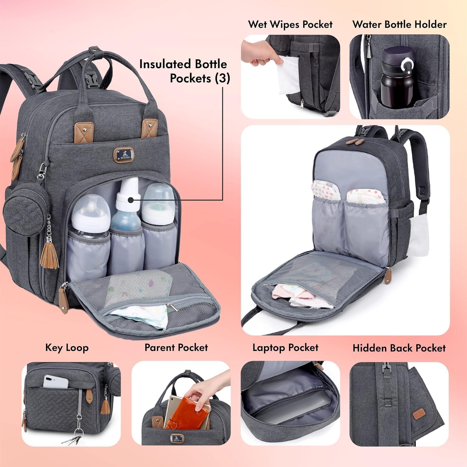 Dikaslon Wickeltasche Rucksack Großer Wickelrucksack mit Multifunktions-Babytaschen und mobiler Wickelauflage - Schnullerhalter und Kinderwagengurte - für Mama und Papa, Einheitsgröße – Bild 4