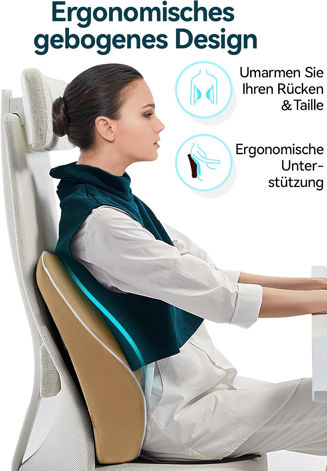 Travel Ease Ergonomisches RückenKissen aus Memory Foam, Lendenkissen für Bürostuhl, Schreibtischstuhl, mit Antistatischem, hautfreundlichem Bezug und für eine Bequeme Sitzhaltung (Khaki) – Bild 3