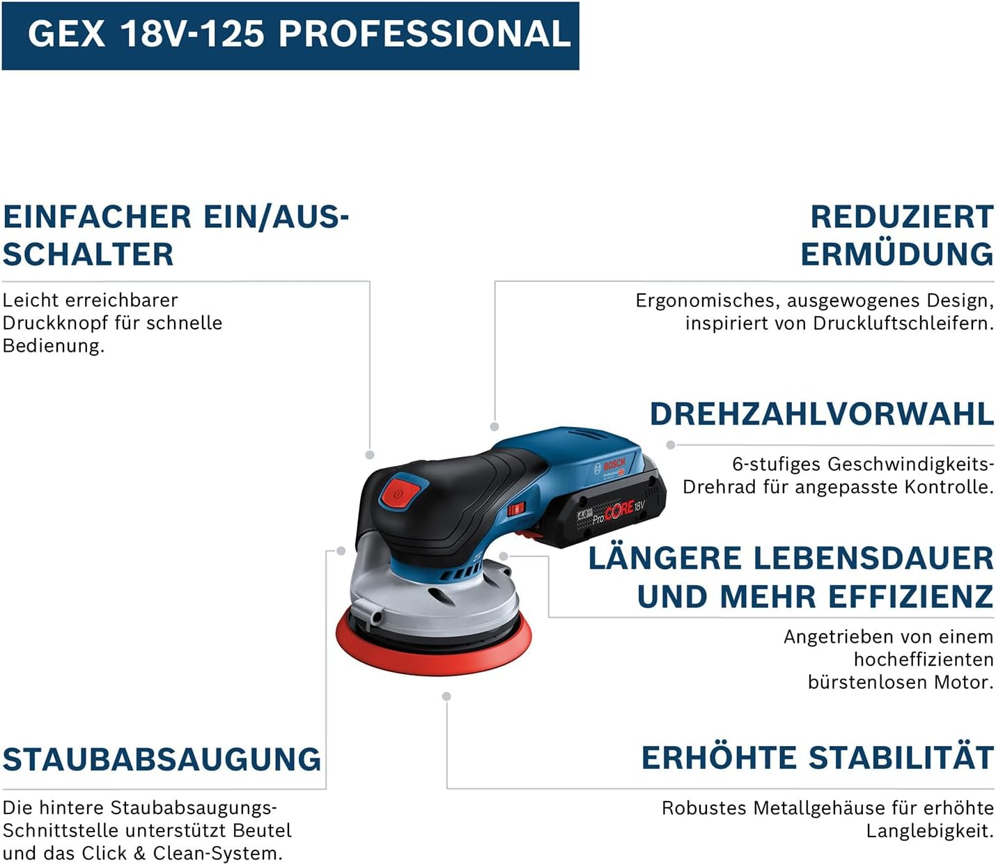 Bosch Professional 18V System Akku Exzenterschleifer GEX 18V-125 (inkl. Schleifteller (125mm), 1x Schleifpapier, Staubbeutel, L-BOXX, ohne Akku/Ladegerät) – Bild 3