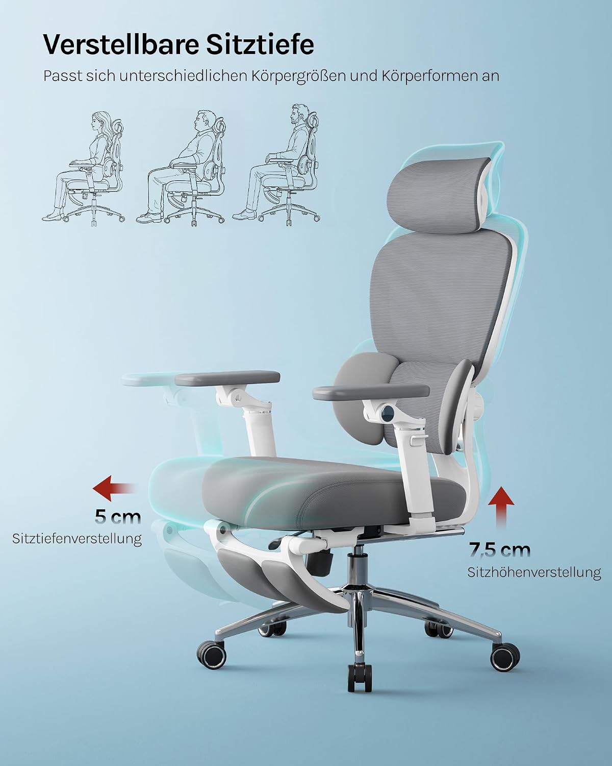 WOLTU Bürostuhl Ergonomisch, Schreibtischstuhl, 6D Armlehnen Grau+Weiß – Bild 7