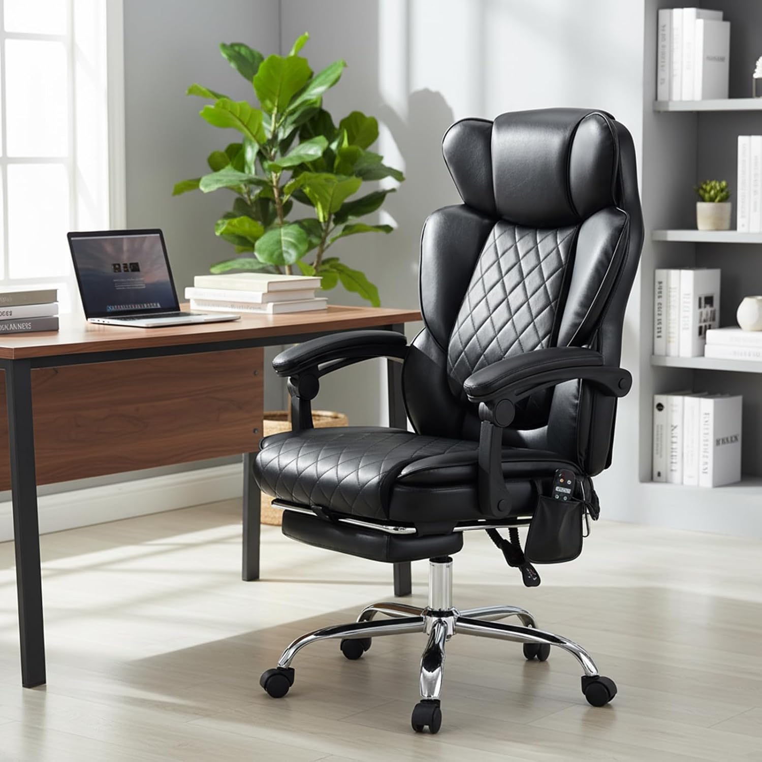 Bürostuhl Ergonomisch mit Massagefunktion, Ergonomischer Schreibtischstuhl mit Heizfunktion, Chefsessel mit Fußstütze, 360° Drehstuhl, 94-125° Verstellbarer Rückenlehne, für Office, Schwarz – Bild 2