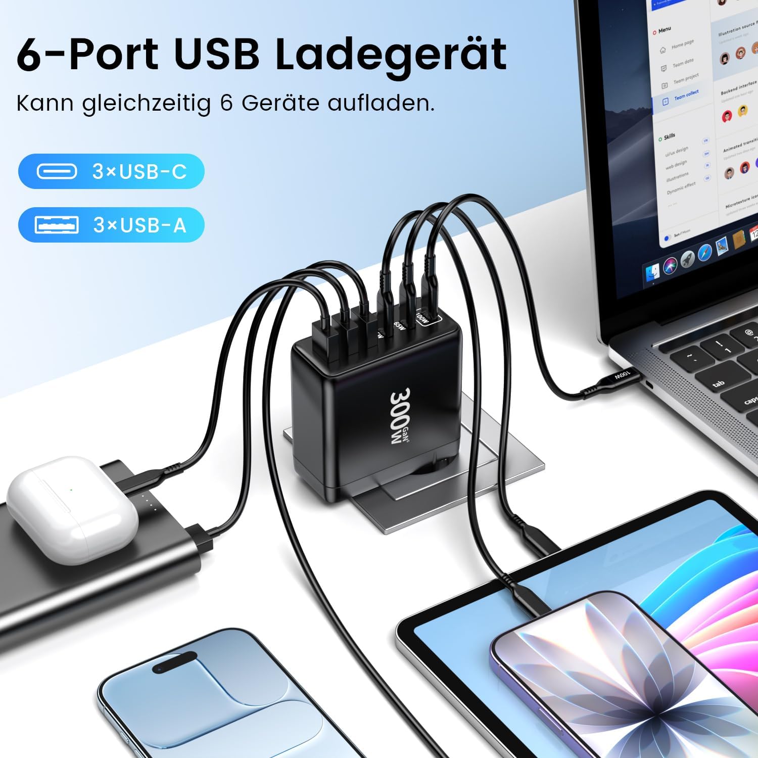 HSSNS 300W USB-C Ladegerät, 6 Port USB Ladegerät Mehrfach Schnellladegerät mit 3 USB-C und 3 USB-A, GaN PD Charger für MacBook iPad Pro/Air, iPhone 17 16 15 Pro Max, Samsung usw. – Bild 3