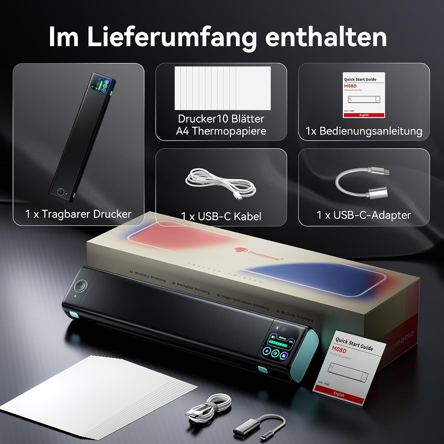 Phomemo M08D Touchscreen Mobiler Drucker, Bluetooth Thermodrucker A4 – Bild 7