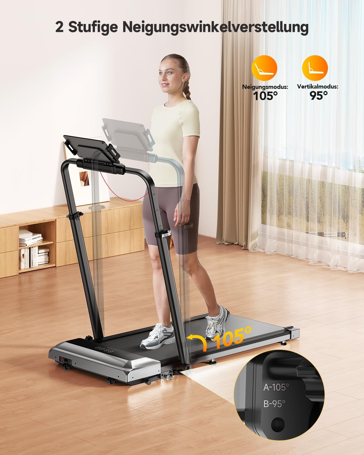 Laufband für Zuhause mit 12% Steigung, 12km/h Klappbar Laufband mit 1150MM Einziehbares Steigrohr, 6 in 1 Walking Pad, 95°/105° Drehbarer Steigrohr, 2.5HP Leiser Motor, Fernbedienung und App – Bild 4