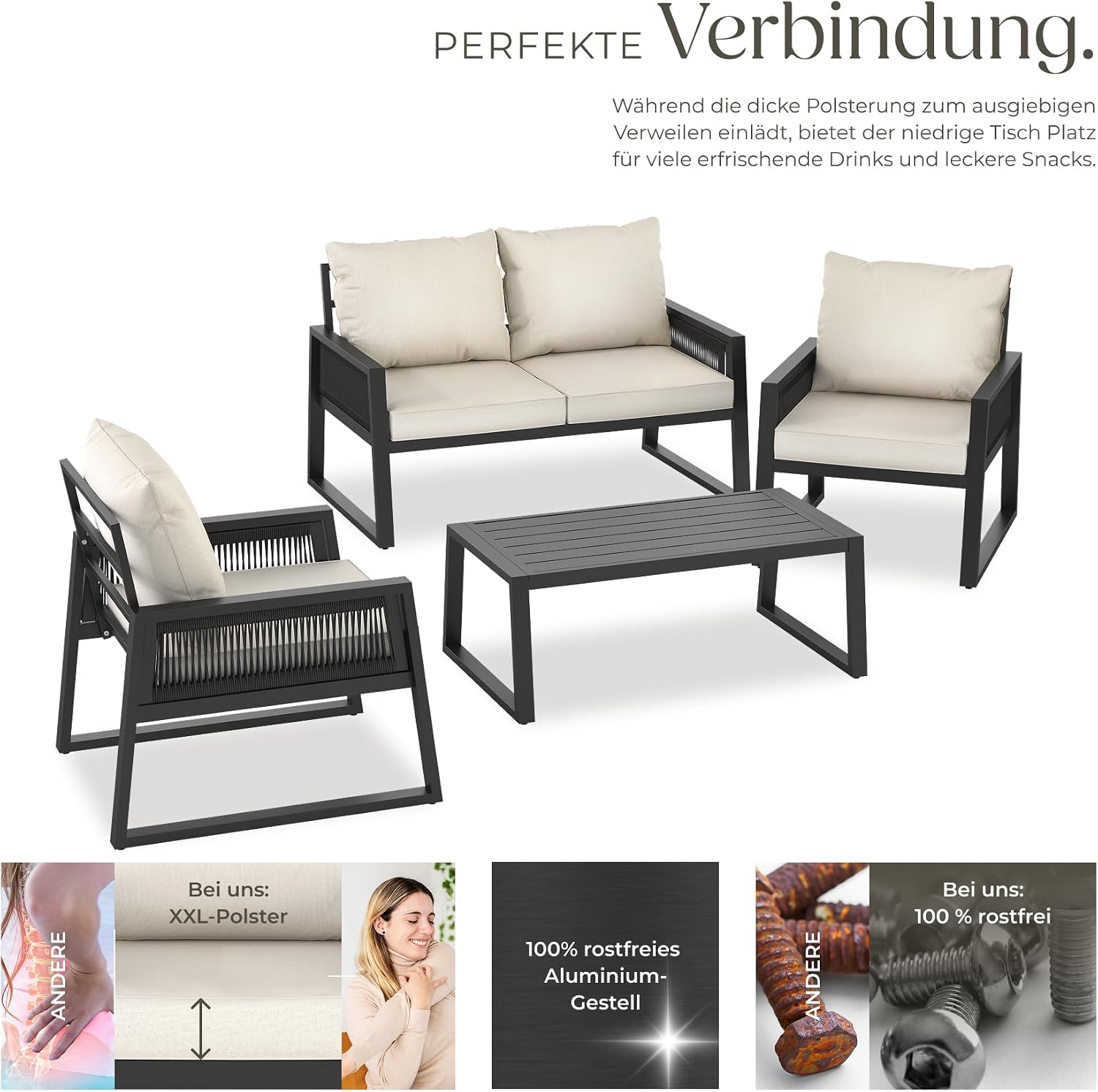 tectake® Rope Design Lounge Möbel Set für Garten oder Balkon, Aluminium Outdoor Sitzgruppe Terrassenmöbel mit 2 Sesseln, Sofa + Tisch in Holz Optik, inkl. Gartenmöbel-Kissen, wetterfest – Bild 3