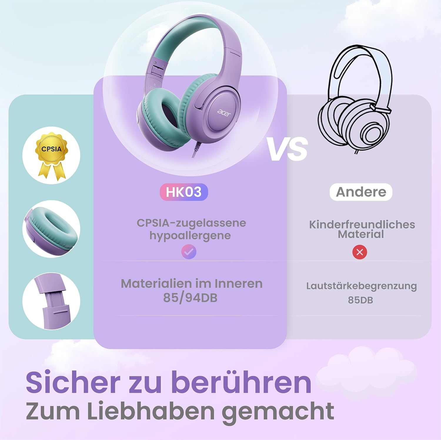 Acer Kopfhörer Kinder mit 3,5 mm Kabel, 85/94dB Lautstärkebegrenzung – Bild 3