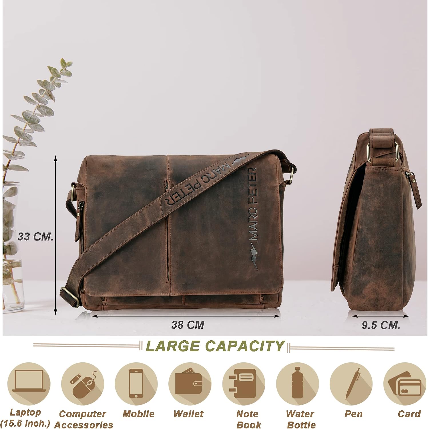 Marc Peter® Bergen leder Umhängetasche für Herren und Damen | 15.6 Zoll Laptoptasche | Aktentasche aus echtem Büffelleder – Bild 4
