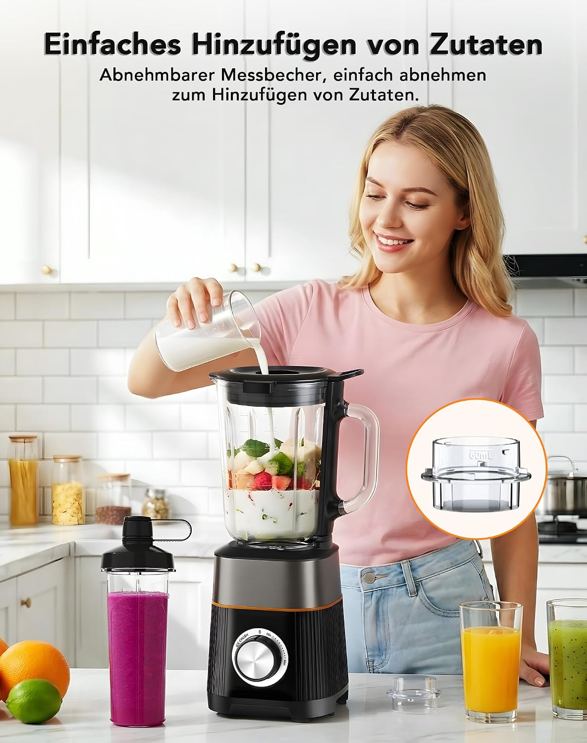1000W Standmixer, Mixer, Glas 2-1 Mixer Smoothie Maker mit 1,5L Glaskrug und 600ml Reisebecher, Stufenlos Drehbare Drehregler, Selbstreinigung, für Ice-Crush-Funktion Shakes Gefrorene Getränke Saucen – Bild 7