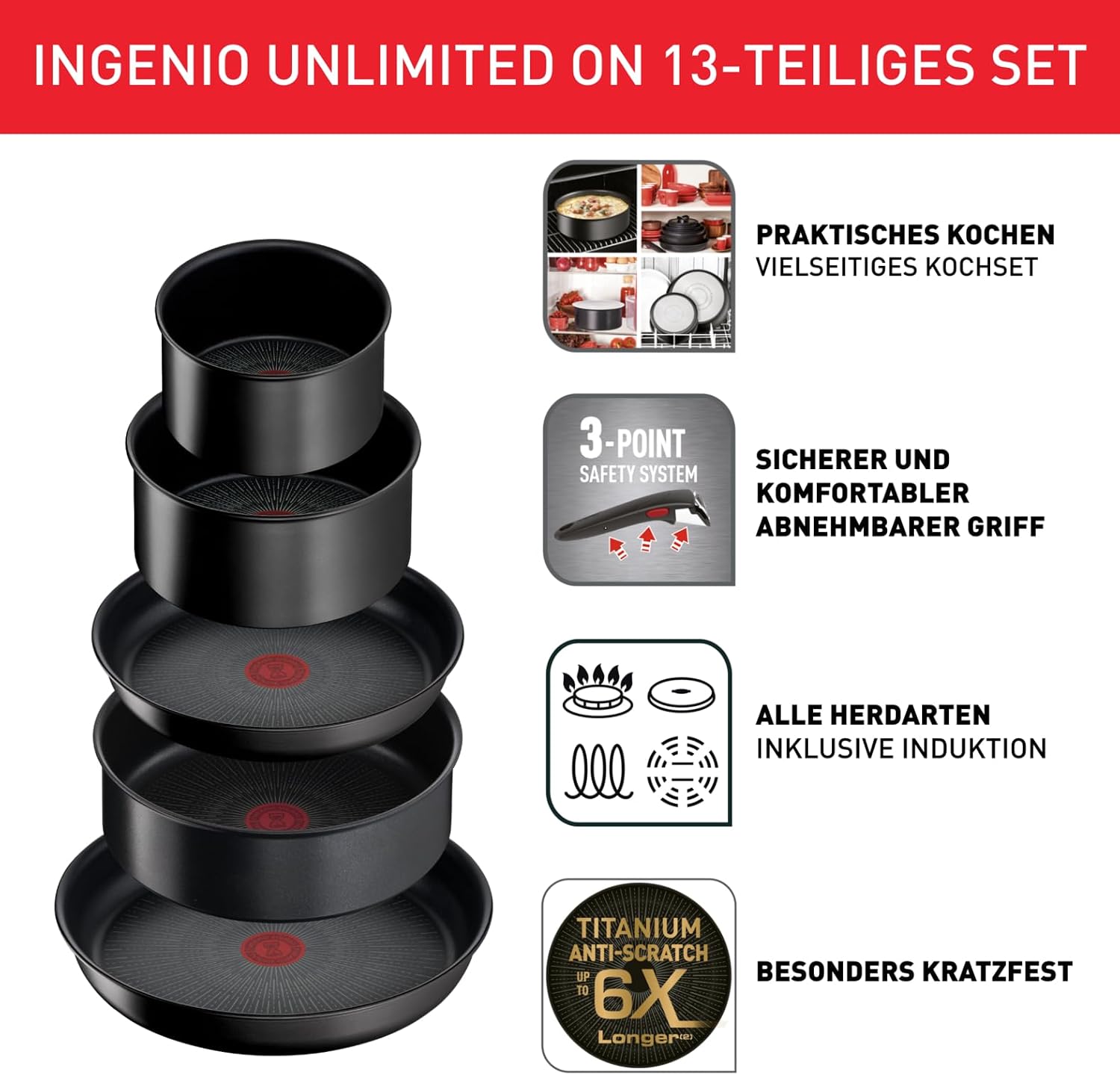 Tefal Ingenio Unlimited On 13-teiliges Topf und Pfannenset abnehmbarer Griff, stapelbar, platzsparend, Pfannen Induktion mit Antihaftversiegelung, einfache Handhabung und Reinigung, L39593 – Bild 2