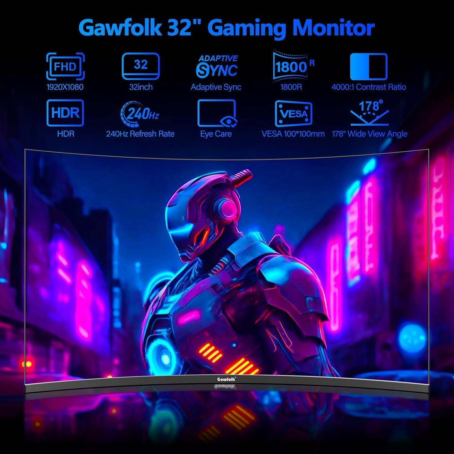 Gawfolk Gaming Monitor 32 Zoll Curved, 240Hz PC Bildschirm Full HD 1080P – Bild 2