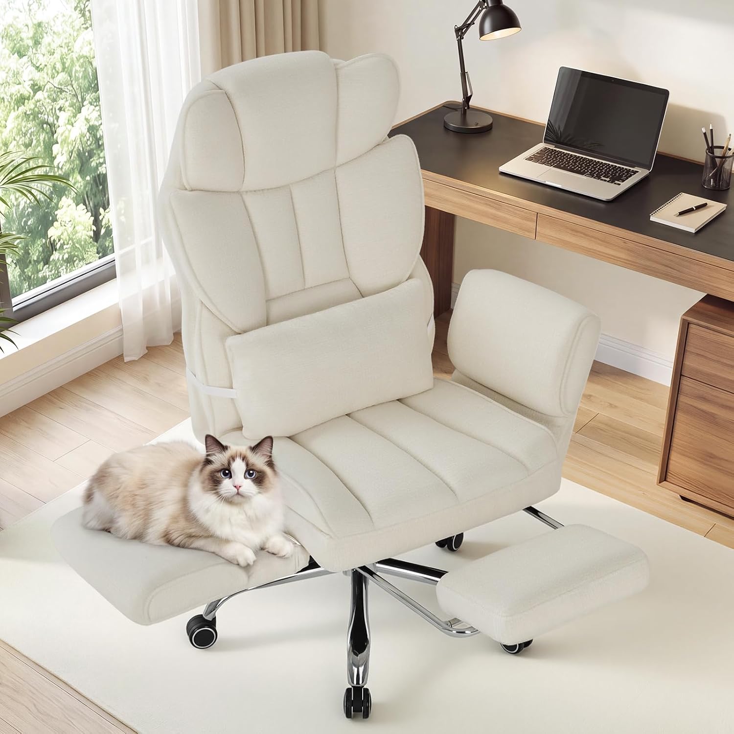 MALOL Ergonomischer Bürostuhl mit Fußstütze, Chefsessel 360° Drehbar, verstellbare Rückenlehne 102°-127°, mit Kopfstütze & Lendenstütze, bis 180 kg belastbar für Home Office & Gaming, Beige – Bild 2