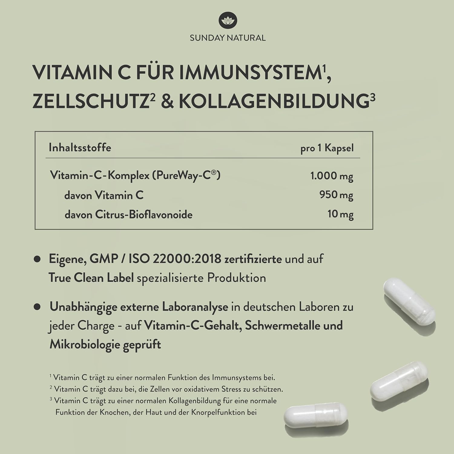 SUNDAY NATURAL® Vitamin C – 1000 mg Vitamin C PureWay® – schnelle Resorption mit Bioflavonoiden – Vegan, laborgeprüft in Deutschland - 240 Kapseln - Unser Besteller im Webshop – Bild 3