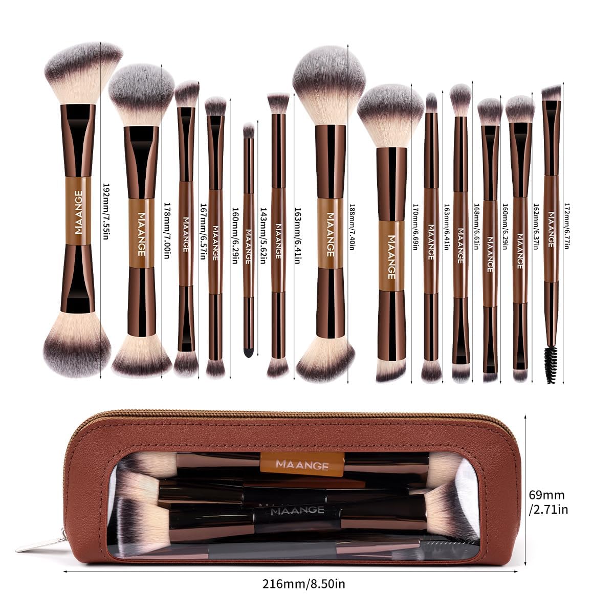 MAANGE 13-teiliges Make up Pinsel Set mit Etui – Professionelle Daily & Travel Schminkpinsel-Set für Foundation,Puder & Lidschatten, Doppelseitiger Makeup Pinsel, Kaffee Gold – Bild 9