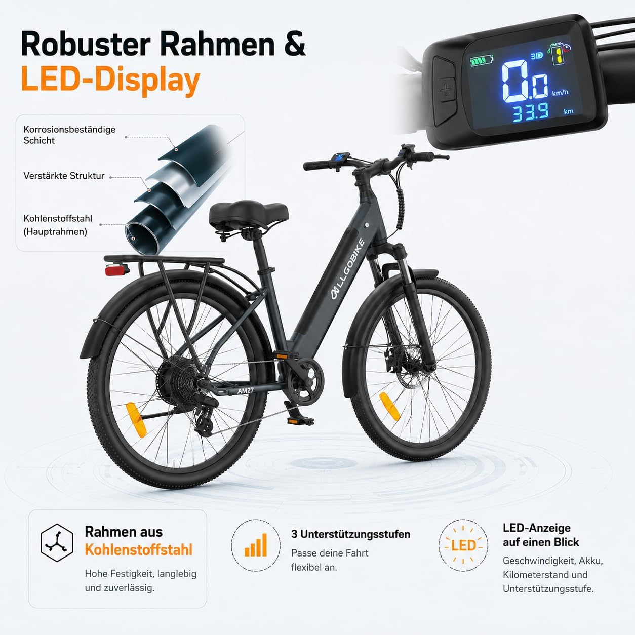 AM27 Elektrofahrrad 27,5 Zoll E-Bike für Damen und Herren 250W Motor 36V 15Ah Akku 25 km/h 7-Gang-Schaltung 3 Unterstützungsstufen Scheibenbremsen LED-Beleuchtung – Bild 9