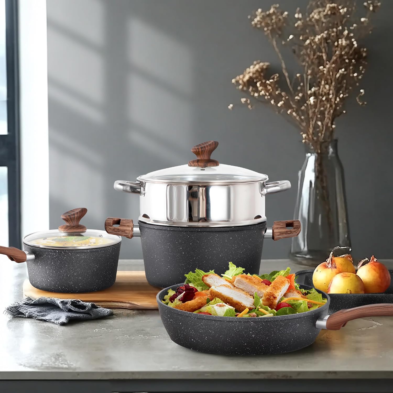 DishDelight Induktions-Kochgeschirr-Set mit Grillplatte 17-teiliges Induktions Töpfe Set Topf und Pfannenset mit Deckel Granit Antihaftbeshichtung Topfset Kochtopf – Bild 7