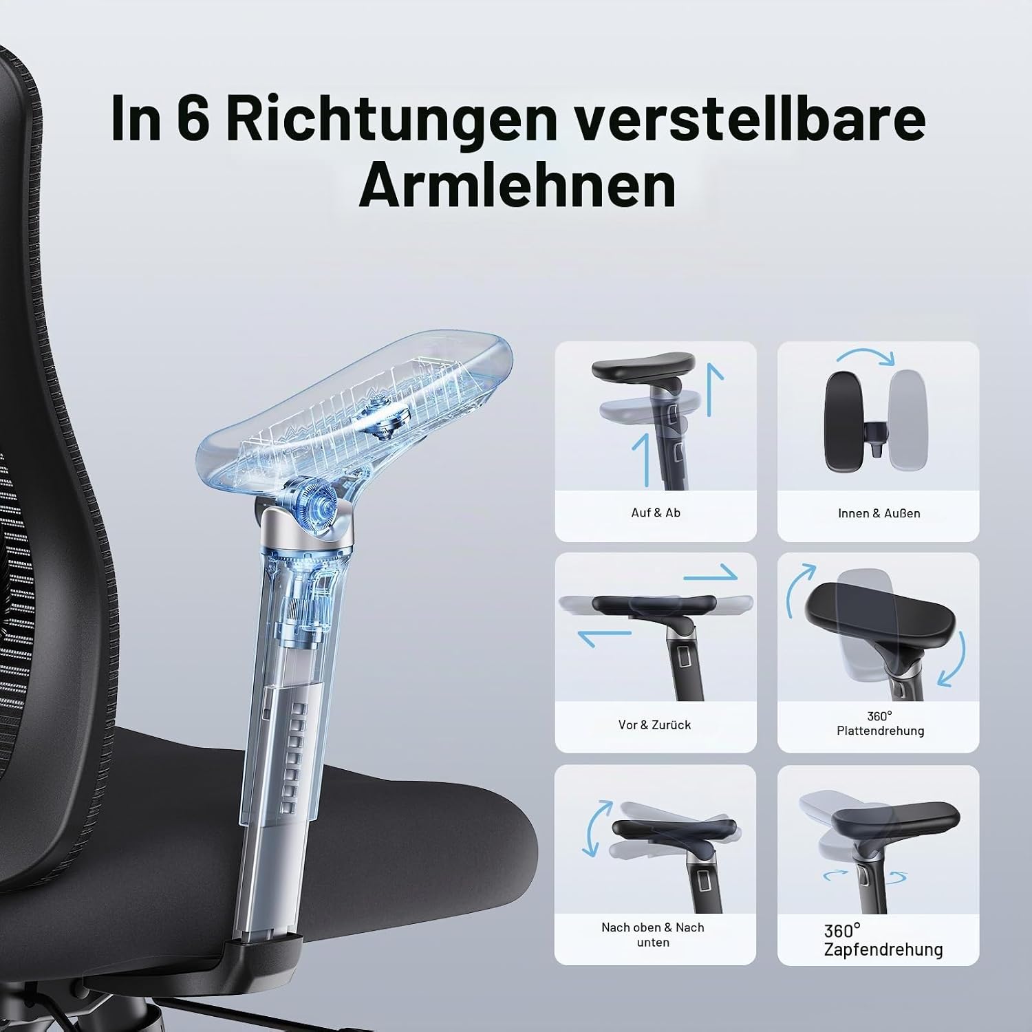 Marsail Bürostuhl mit 6D-Armlehnen, 3D-Verstellbarer Kopfstütze, Schiebesitz, Lendenwirbelstütze, 4-Position-Neigungsschloss – hoher und großer Schreibtischstuhl mit Kapazität von 150kg, Schwarz – Bild 5