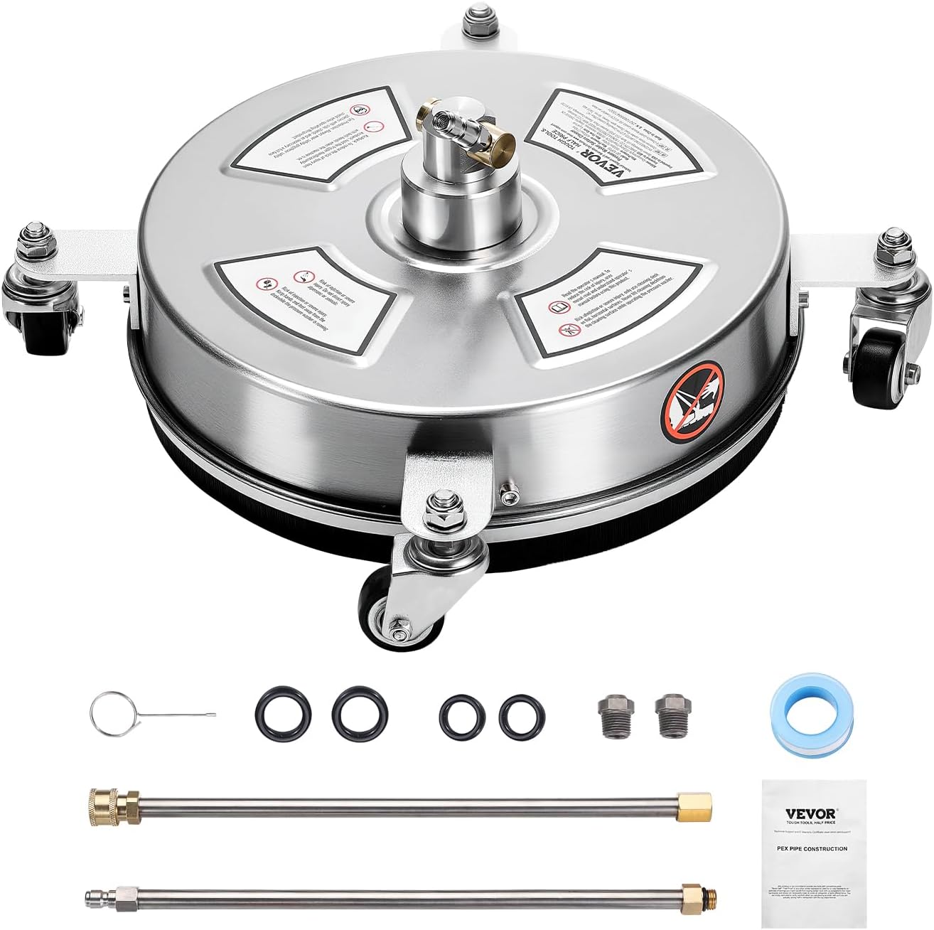 VEVOR 325 mm Hochdruckreiniger, Oberflächenreiniger, Flächenreiniger aus Edelstahl mit 4 Rädern, max. 4000 PSI, 6,35 mm Schnellanschluss, 2 Sprühdüsen, 2 verlängerte Stäbe für Beton, Terrasse, Deck – Bild 8