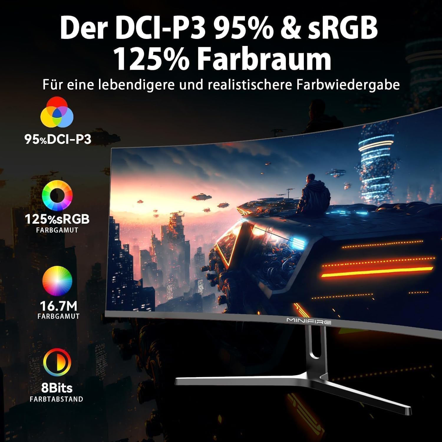 Minifire Gaming Curved Monitor 32 Zoll 180Hz, 2K WQHD(2560 x 1440), 1500R,1ms(MPRT), AMD FreeSync, sRGB 125%, VESA,2xHDMI 2.0 / 2xDP (180Hz), Augenpflege - MFG32C3Q – Bild 4