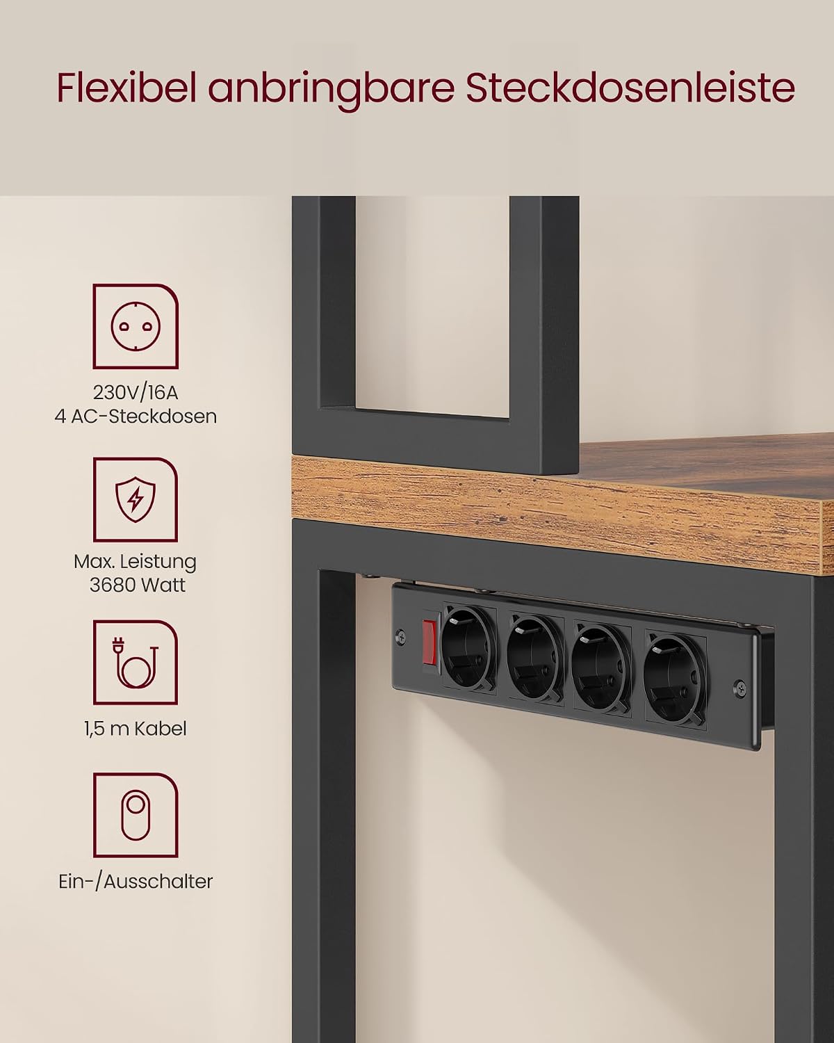 VASAGLE Küchenregal mit Steckdosen, Küchenschrank, 40,3 x 60 x 170 cm – Bild 6
