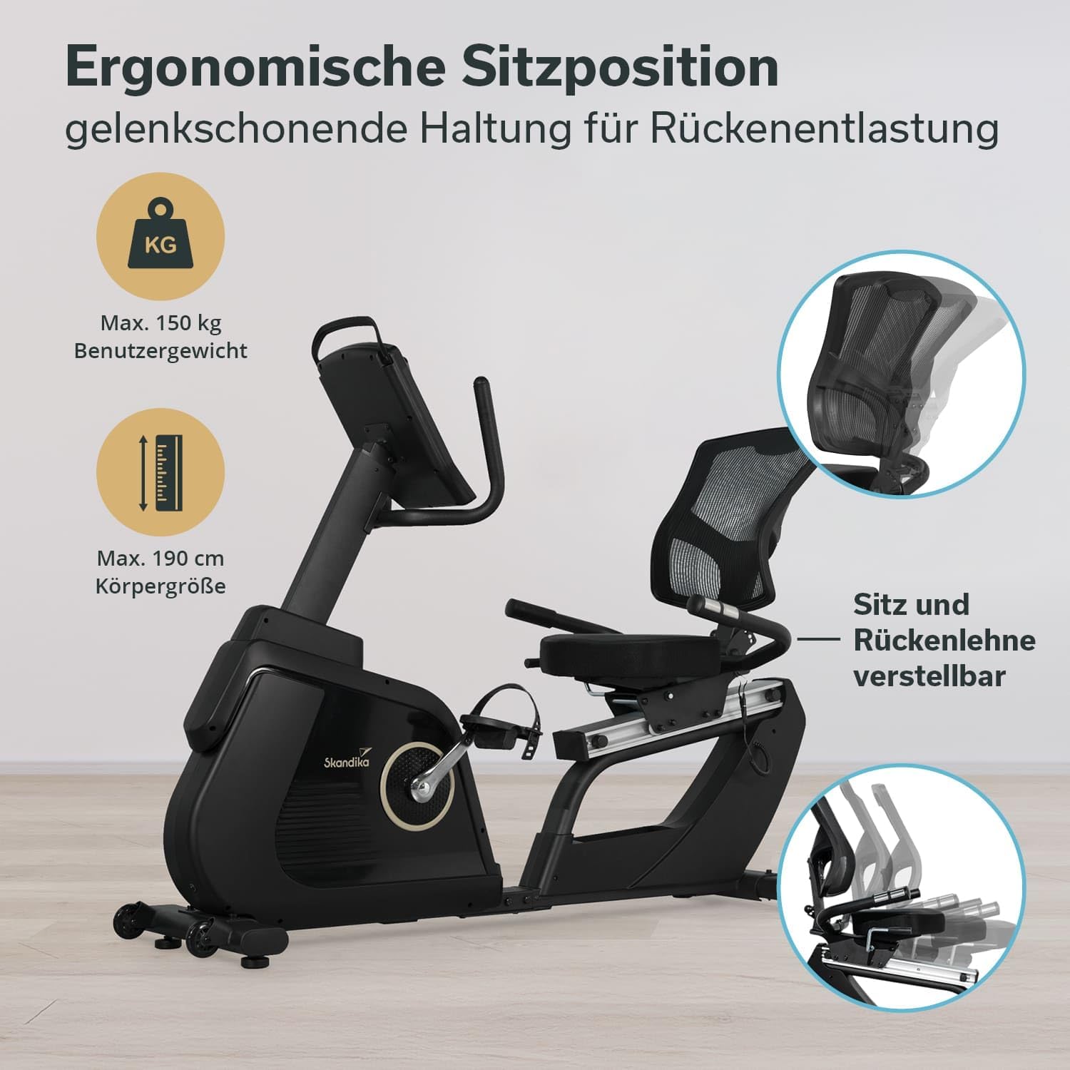 Skandika Liege-Ergometer P14 Comfort | Heimtrainer Fahrrad mit 32 Widerstandsstufen, bis 150 kg und 190 cm, Bluetooth, App-Konnektivität, leise, LCD-Display | Ergometer, Fitnessbike für zuhause – Bild 2