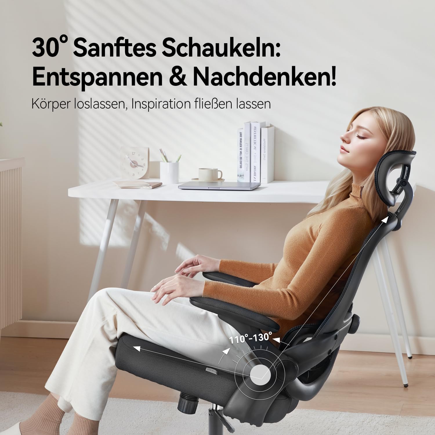 SIHOO M102C Bürostuhl Ergonomisch Schreibtischstuhl, Drehstuhl mit 3D-Armlehnen, Hohe Rückenlehne Lendenwirbelstütze Nach Oben und Unten, Höhenverstellung und Wippfunktion Schwarz – Bild 5