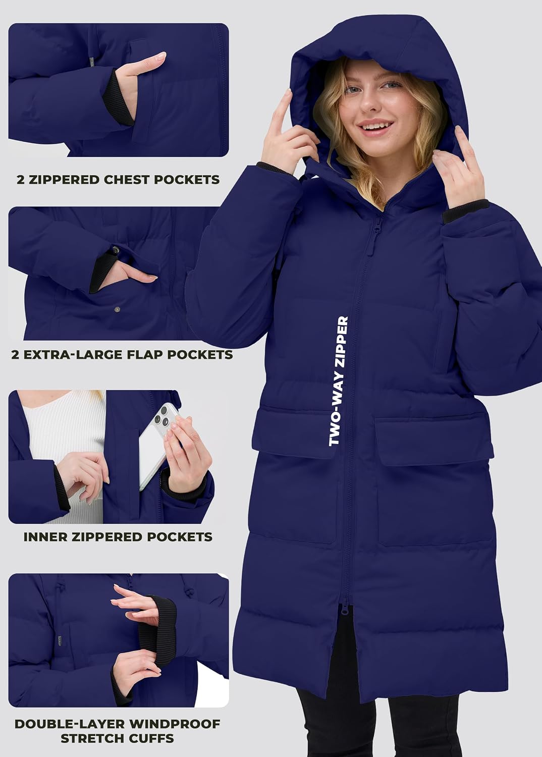 Winterjacke Damen Lang Steppmantel Wintermantel Warm Winddicht mit Kapuze – Bild 4