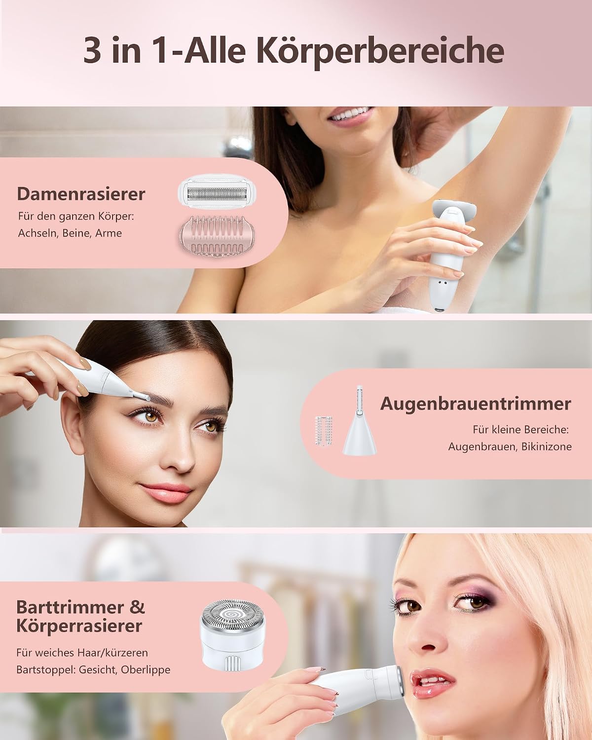 Rasierer Damen,3-In-1 Intimrasierer für Frauen,Gesichtshaarentferner für Frauen,Damenrasierer Elektrisch Nass-Trockenrasierer Ipx7 Wasserdicht Trimmer Damen,für Bikinizone Achseln Beine,USB-Aufladung – Bild 2