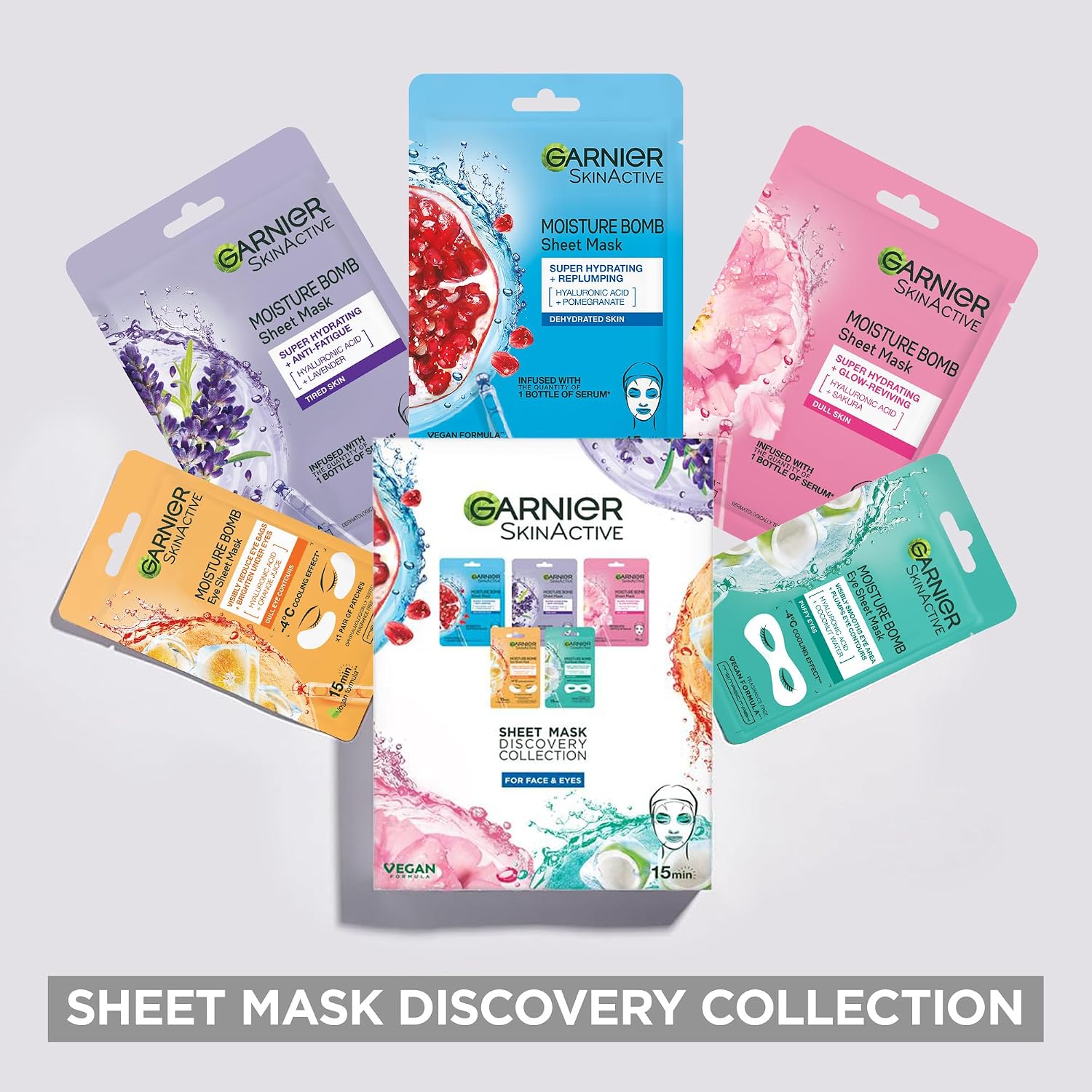 Garnier Tuchmasken-Set, Gesichtsmaske für Gesicht und Augen, Mit Frische- und Feuchtigkeits-Boost für verschiedene Hautbedürfnisse, SkinActive Discovery Collection, 5 Tuchmasken – Bild 8