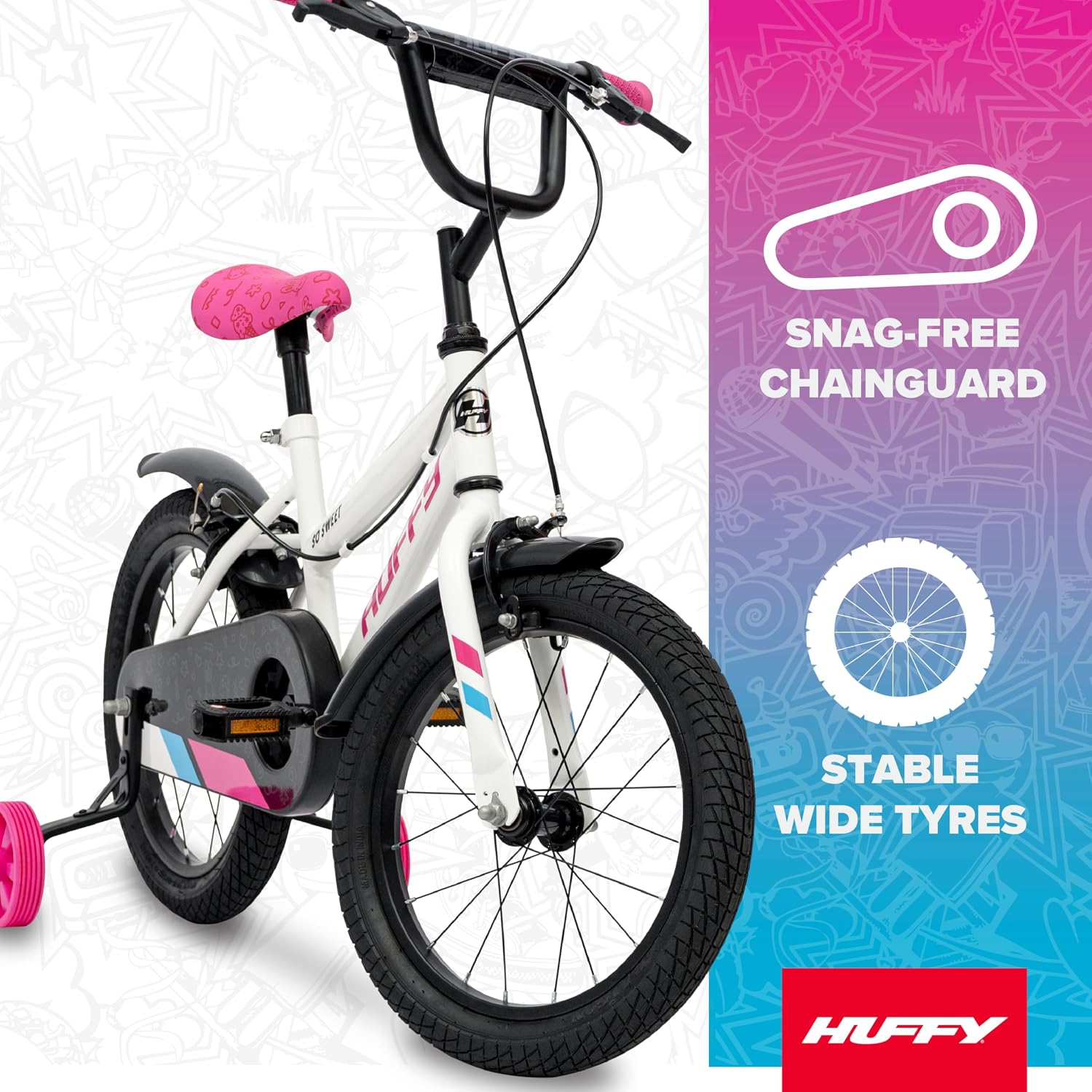 Huffy So Sweet Mädchenfahrrad Kinderfahrrad 12/16 / 20 Zoll, Fahrrad für Kinder 3–9 Jahre, Stahlrahmen, Handbremsen, Verstellbarer Sattel – Weiß, Ros, Blau – Bild 4