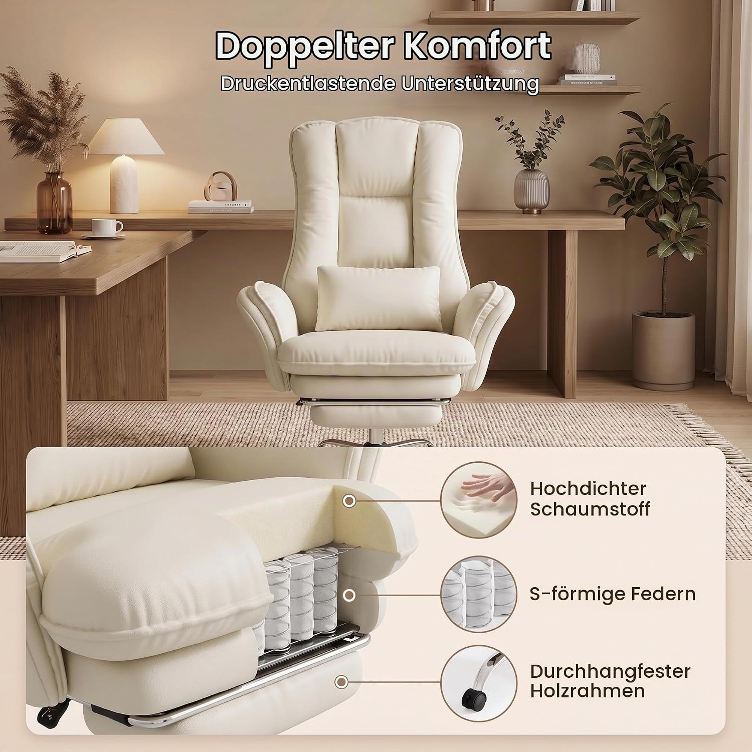 Hawthyhome Ergonomischer Bürostuhl 135° Kunstleder mit Fußstütze,Beige – Bild 6