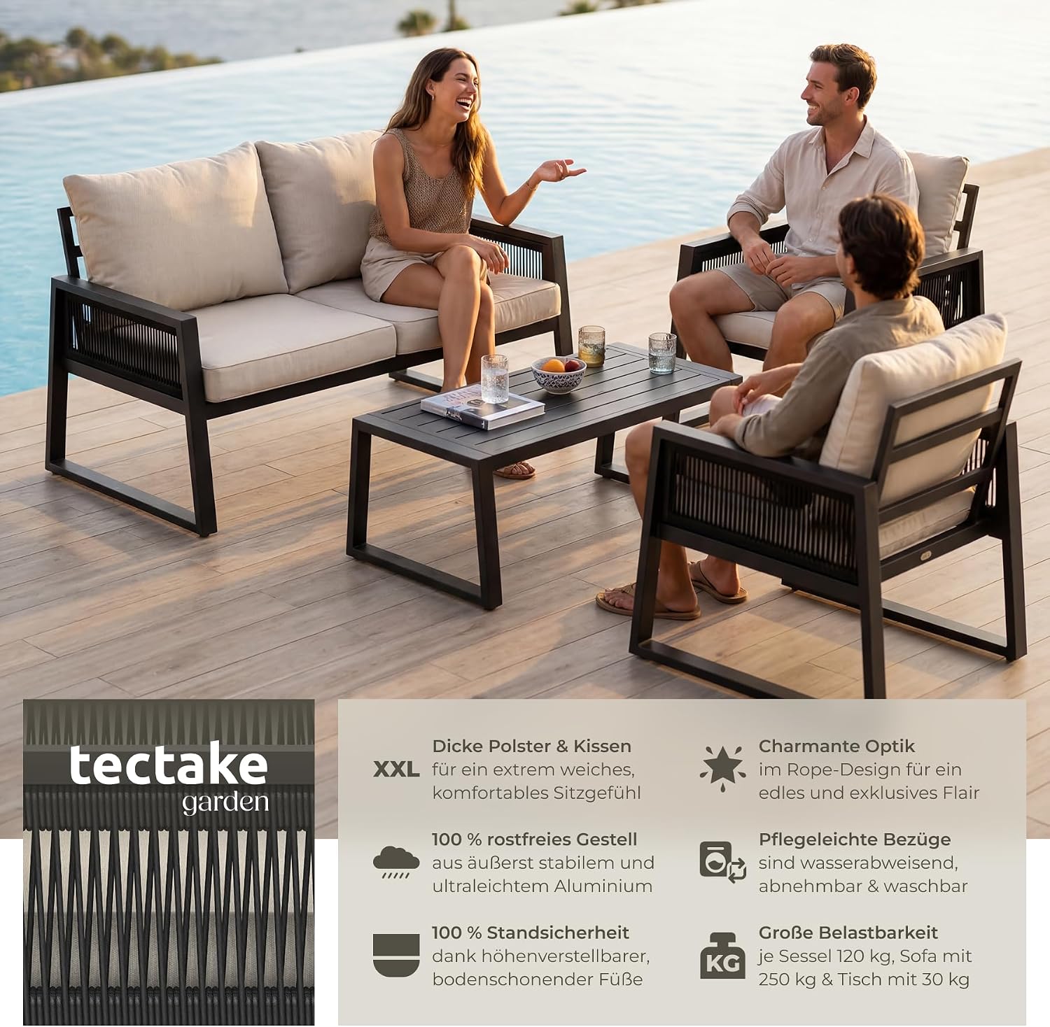 tectake® Rope Design Lounge Möbel Set für Garten oder Balkon, Aluminium Outdoor Sitzgruppe Terrassenmöbel mit 2 Sesseln, Sofa + Tisch in Holz Optik, inkl. Gartenmöbel-Kissen, wetterfest – Bild 2