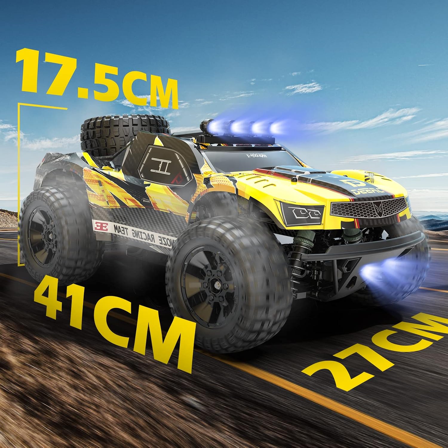 DEERC Ferngesteuerte Auto 1:10 mit Lichtern RC Auto 48km/h 4WD Offroad Hobby Grade Monster Crawler mit 2 Akkus 40 Minuten Laufzeit,2 Autoschalen, für Erwachsene, Kinder (9201E) – Bild 4