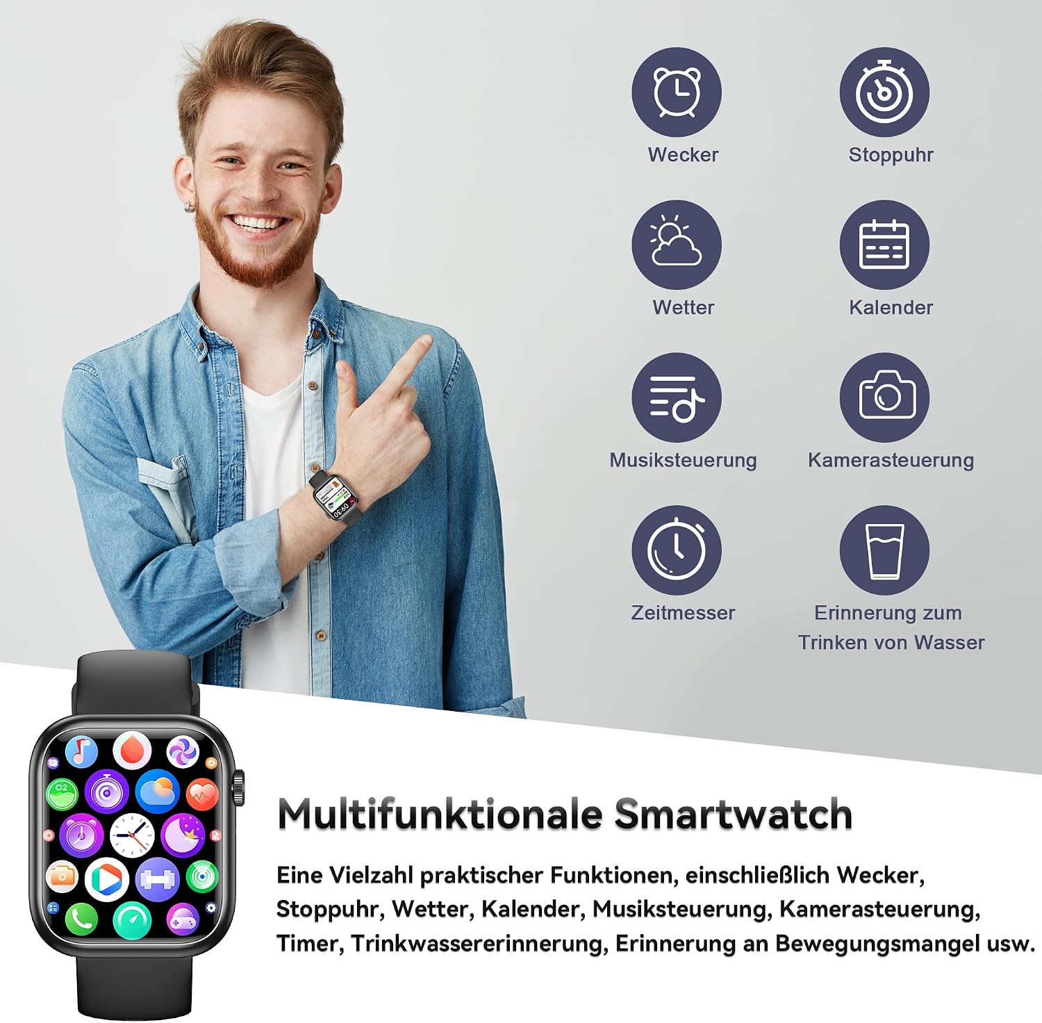 Smartwatch Damen Herren, 1.83" HD Fitness Tracker mit Schrittzähler/Blutdruckmessung/Pulsuhren/Telefonfunktion, Schlaftracker, 120+ Sportmodi, IP68 Wasserdicht Fitnessuhr&Sportuhr für Iphone Android – Bild 5