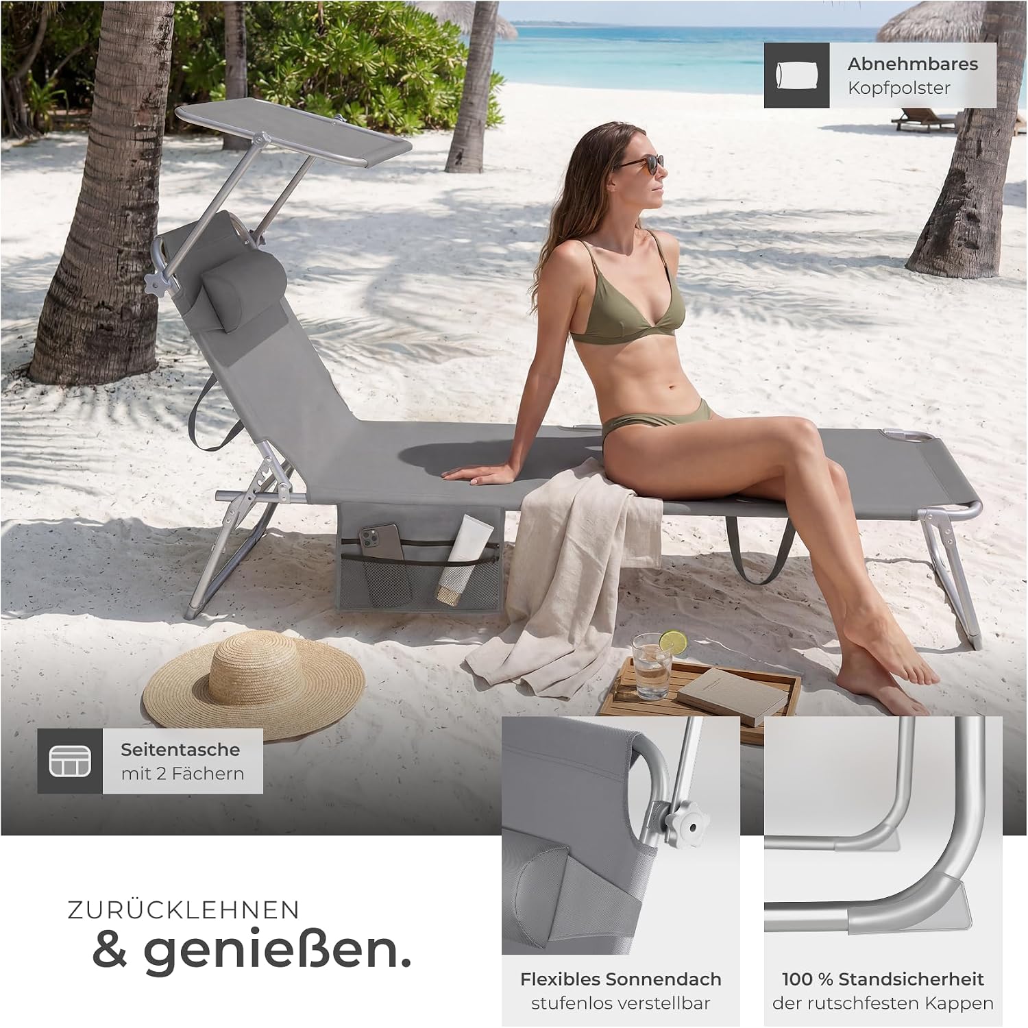 tectake® Sonnenliege klappbar, tragbar, Liege mit Seitentasche, Strandliege, Gartenliege mit Dach, Liegestuhl mit Verstellbarer Rückenlehne, inkl. Kopfkissen - für Balkon, Terrasse, Camping - grau – Bild 6