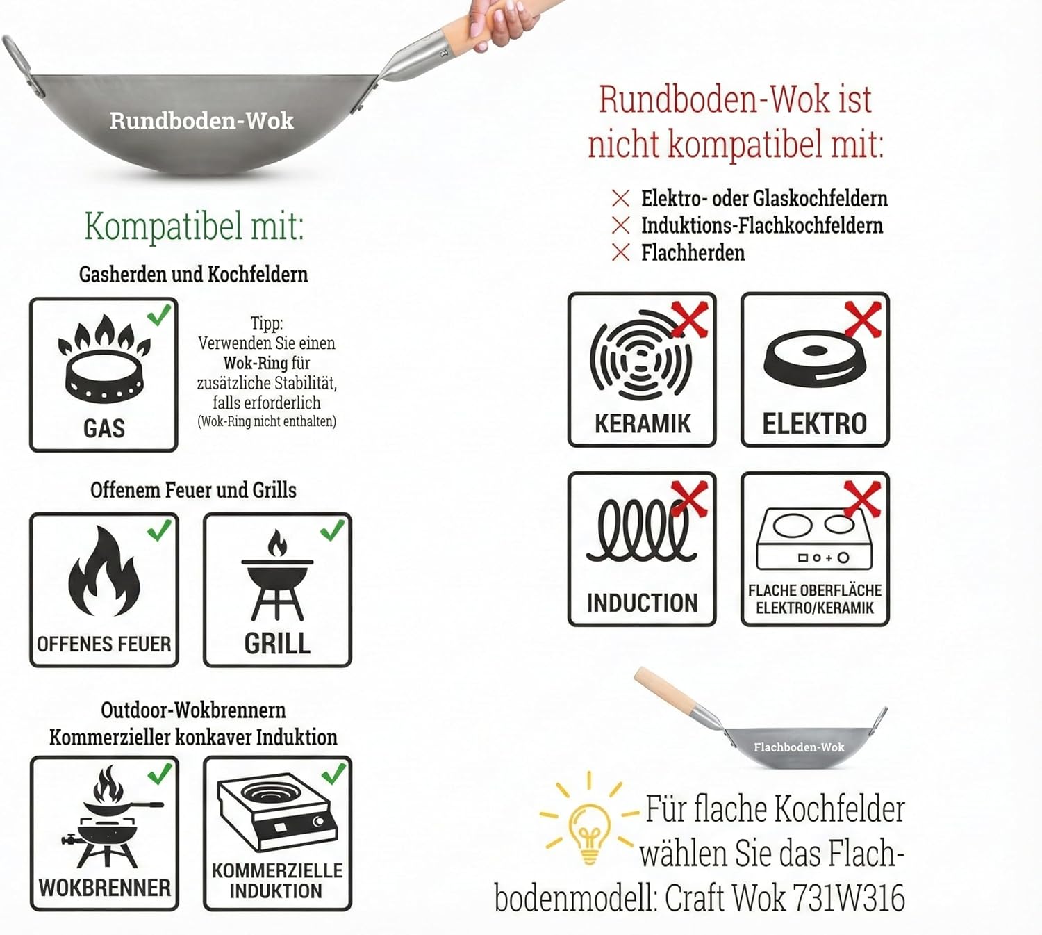 Craft Wok Traditioneller handgehämmerter Wok aus Karbonstahl mit Griff aus Holz und Stahl (Durchmesser 35,6 cm, Rundboden)/731W88 – Bild 2