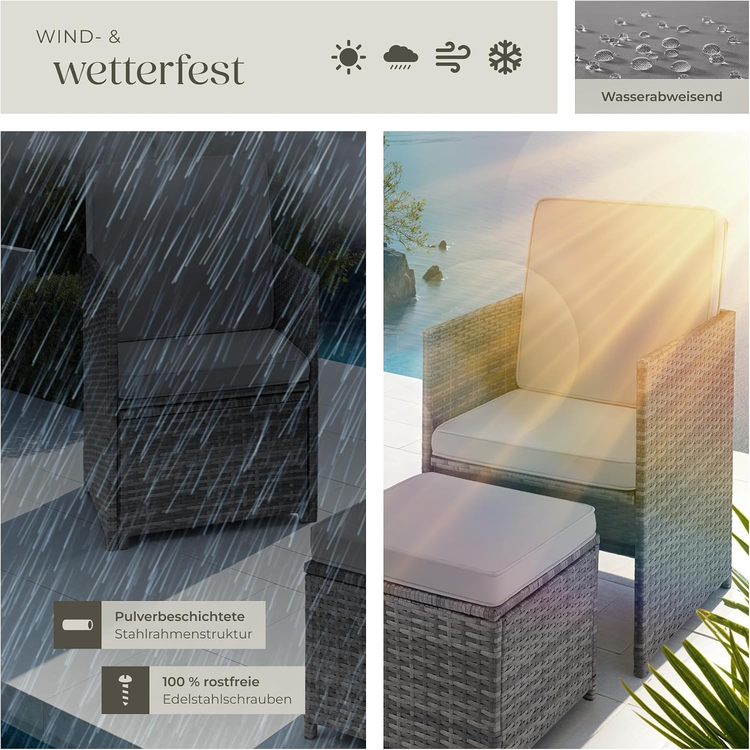 tectake Poly Rattan Sitzgruppe, 5- teiliges Lounge Gartenmöbel Set mit Tisch, Sessel & Hocker, Essgruppe für bis zu 4 Personen, Garten und Balkon Möbel inkl. Polster - grau – Bild 7