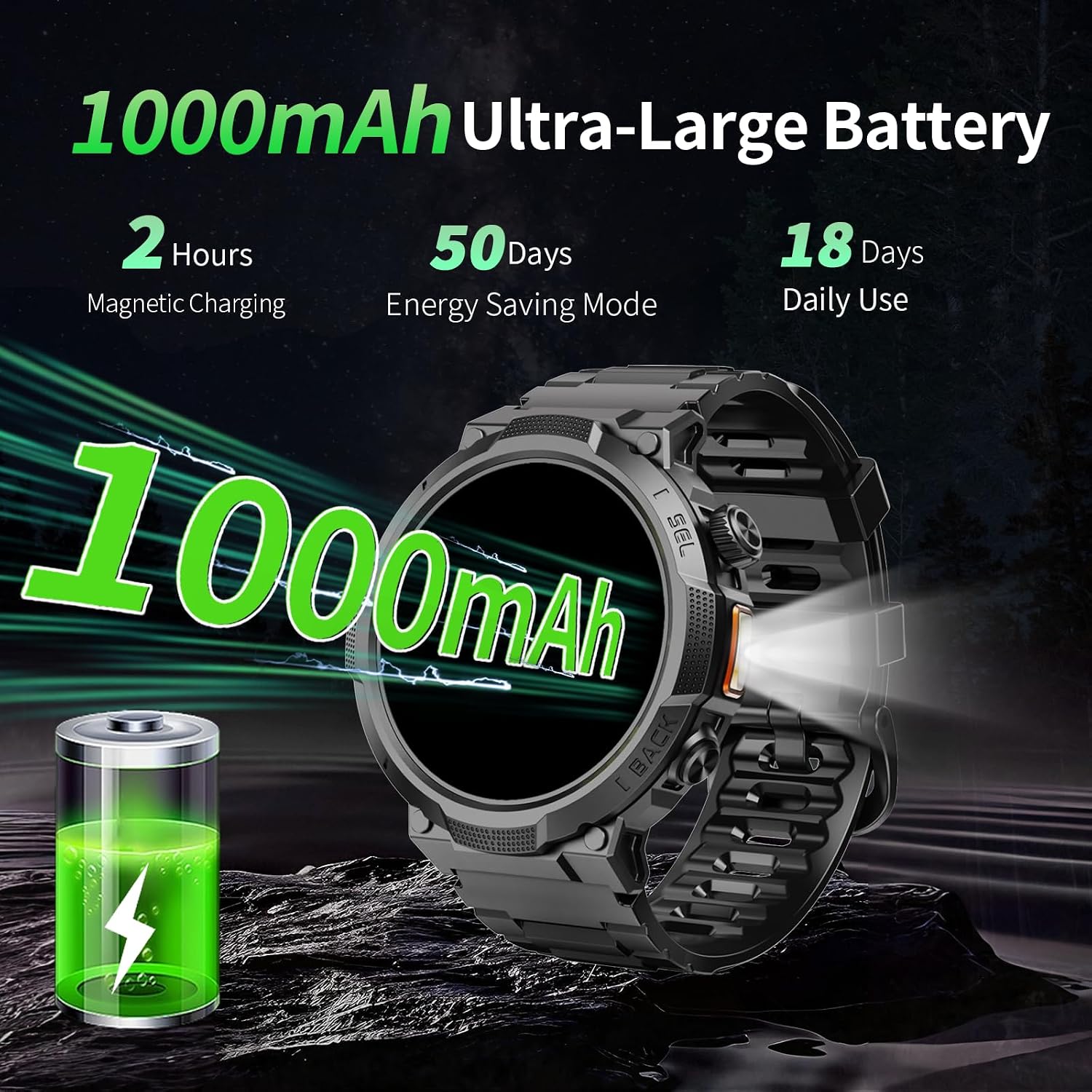 Soudorv Smartwatch Herren, 1000mAh Smart Watch mit Telefonfunktion, Schwarz – Bild 8