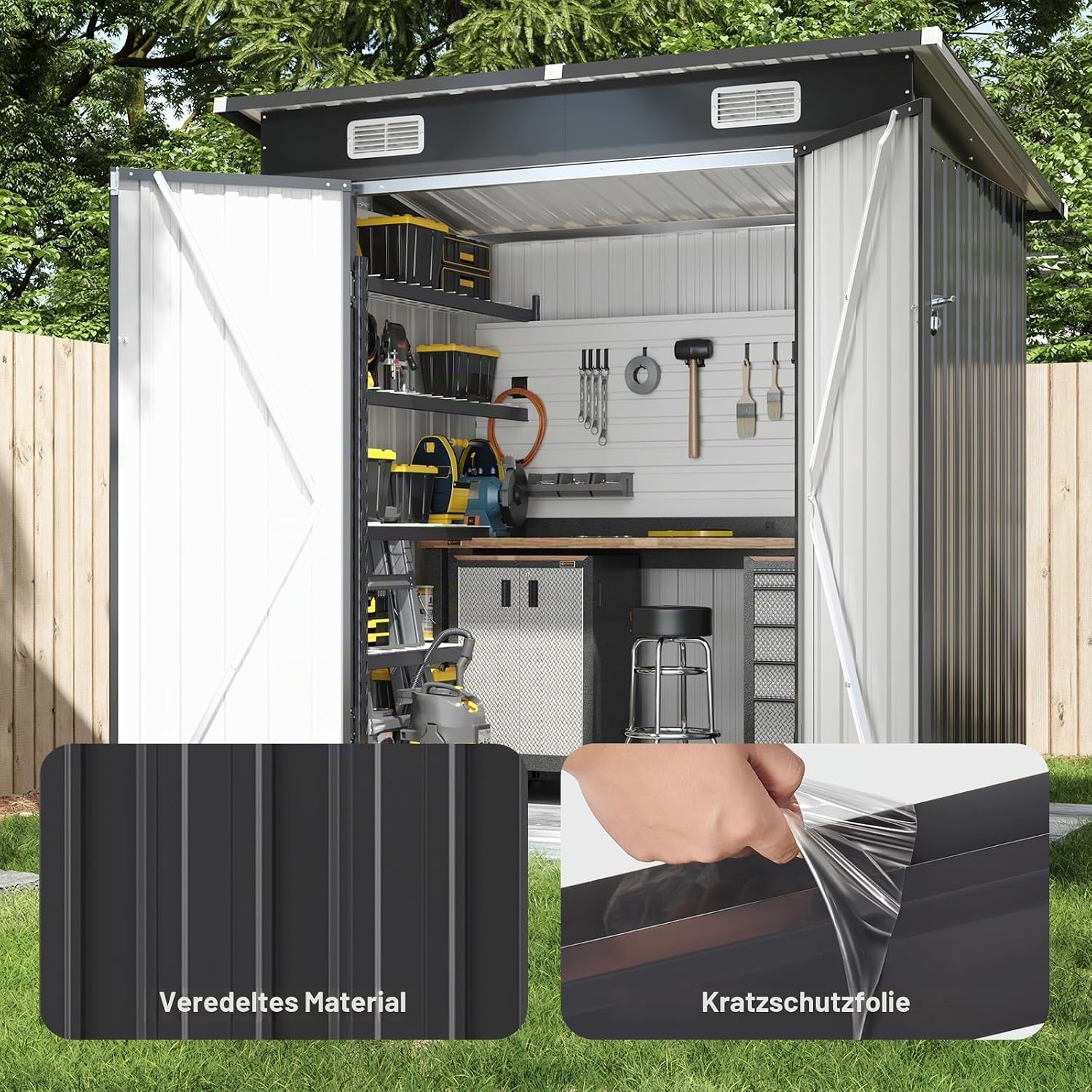 Aoxun Gerätehaus Metall 6x4 FT Pultdach Geräteschuppen Schwarz mit Riegel – Bild 4