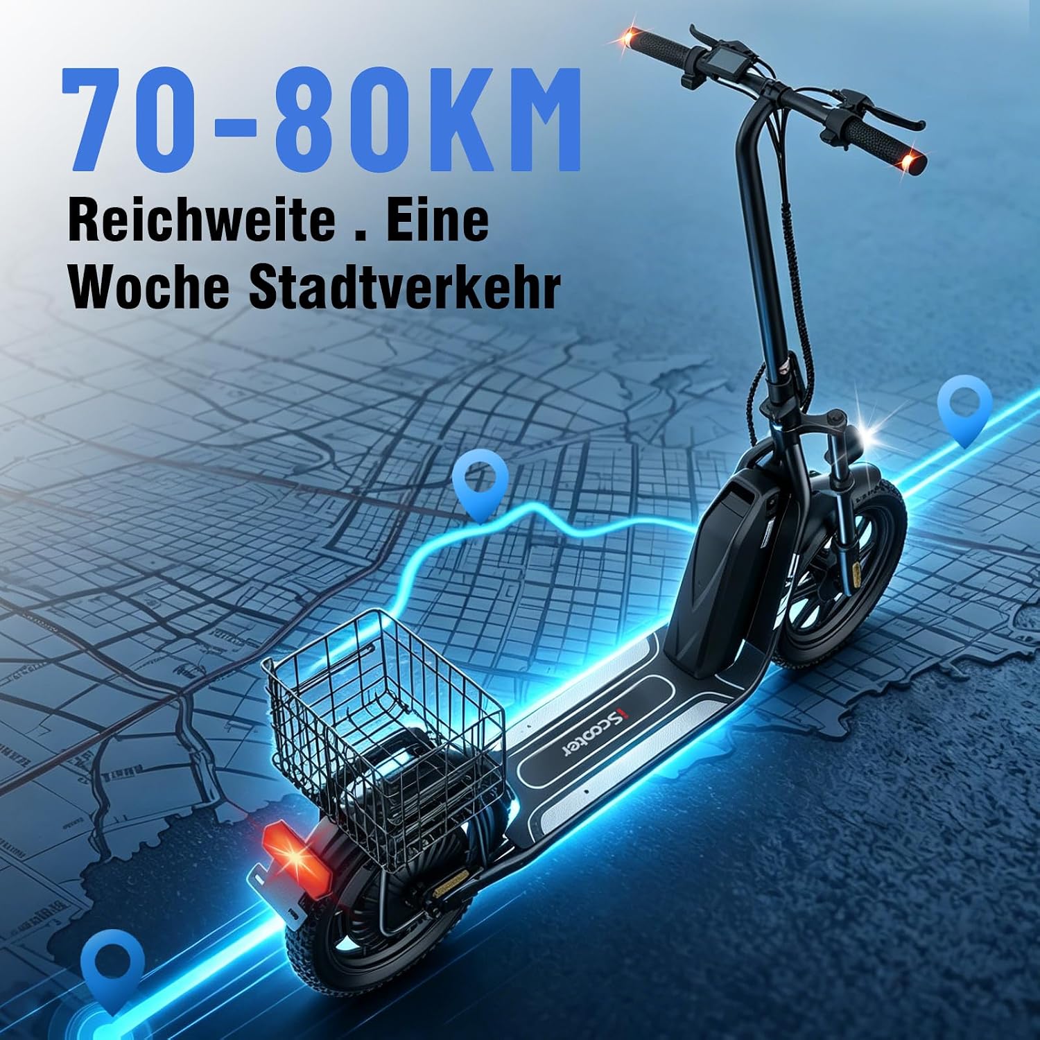 iScooter E Scooter mit Straßenzulassung für Erwachsene mit 16*3 Zoll Fat Winterreifen, 70-80km Reichweite ABE Faltbarer Elektroroller, Herausnehmbarer Akku, Korb, Stoßdämpfung, 150 kg Tragkraft, App – Bild 7