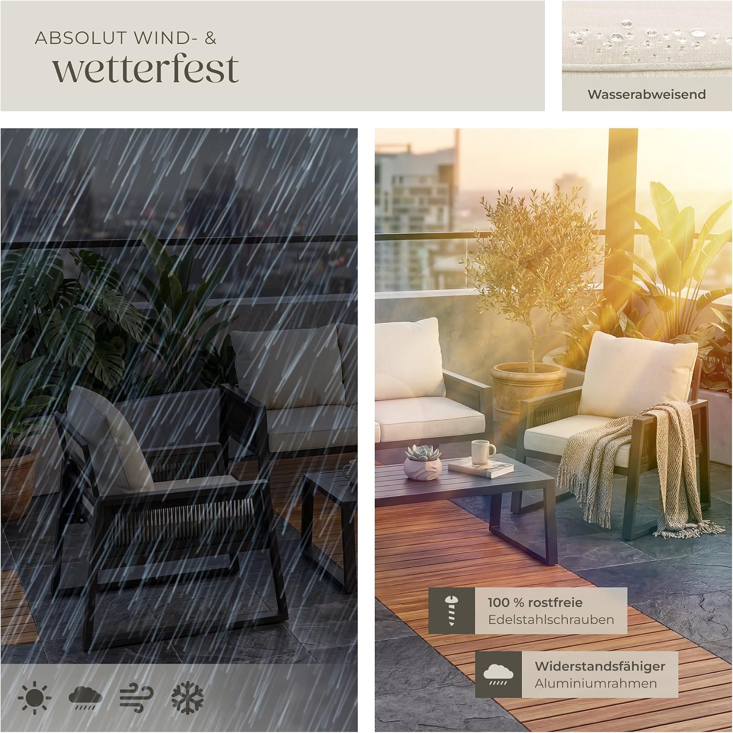tectake® Rope Design Lounge Möbel Set für Garten oder Balkon, Aluminium Outdoor Sitzgruppe Terrassenmöbel mit 2 Sesseln, Sofa + Tisch in Holz Optik, inkl. Gartenmöbel-Kissen, wetterfest – Bild 7