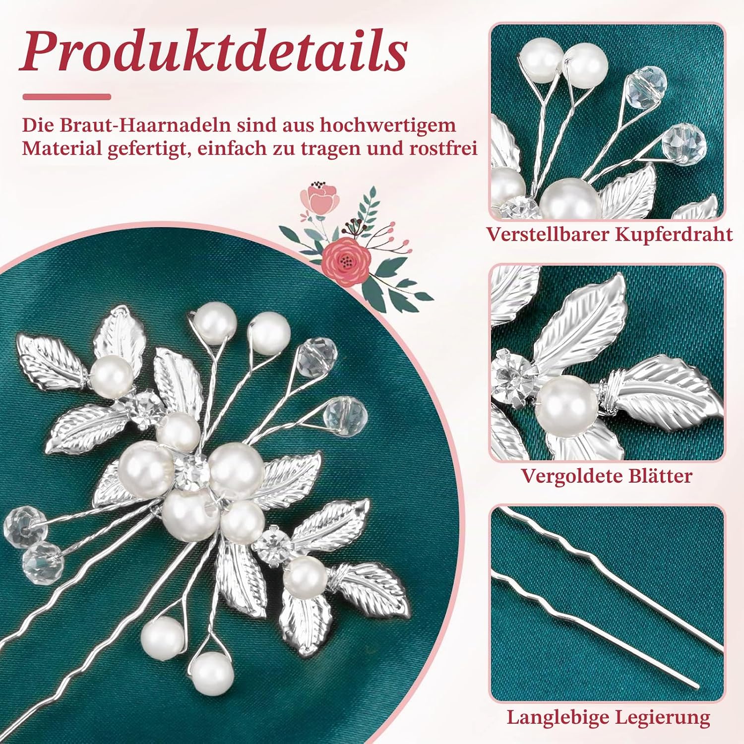 Kiiwah 4 Stück Haarschmuck Hochzeit Perle Blume Braut Haarkamm Strass Brautschmuck Braut Haarnadeln für Kommunion MäDchen Braut Brautjungfer(Silber) – Bild 4