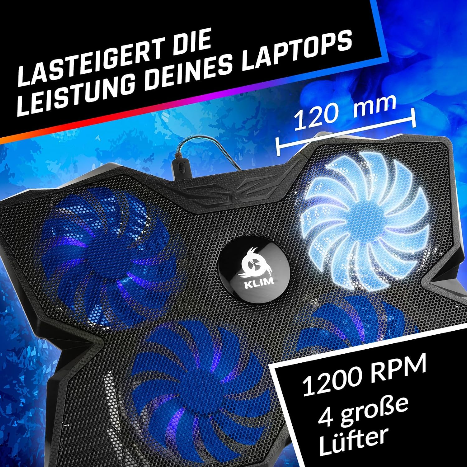 KLIM® Wind Laptop Kühler - Mehr als 500 000 verkaufte Einheiten - NEU - Leistungsstark - Schneller Kühlvorgang - 4 Lüfter PC Notebook PS4 Belüfteter Laptop Ständer - Blau – Bild 3