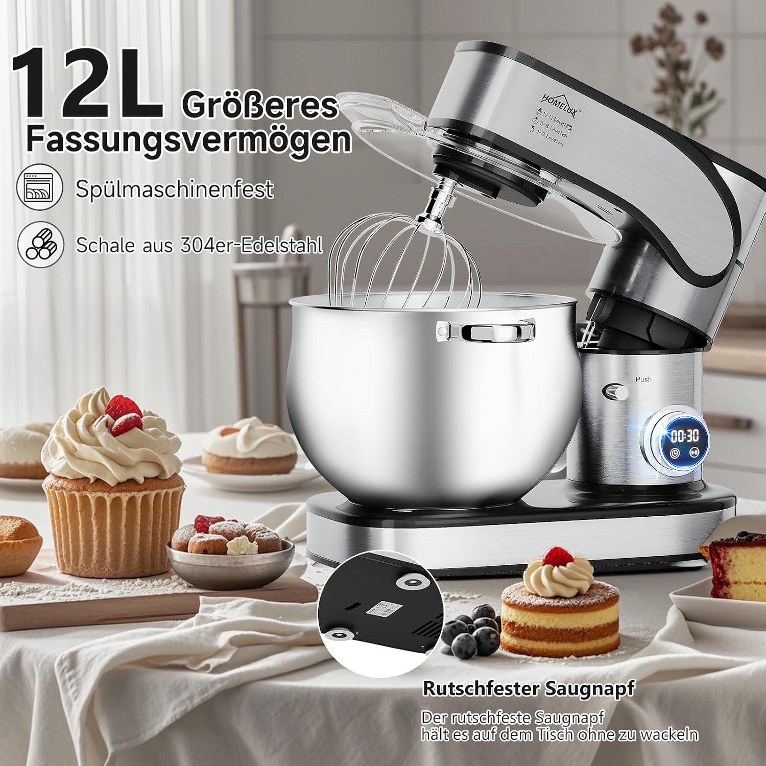 HOMELUX Küchenmaschine 2500W, 12 Liter Edelstahl Schüssel – Bild 3