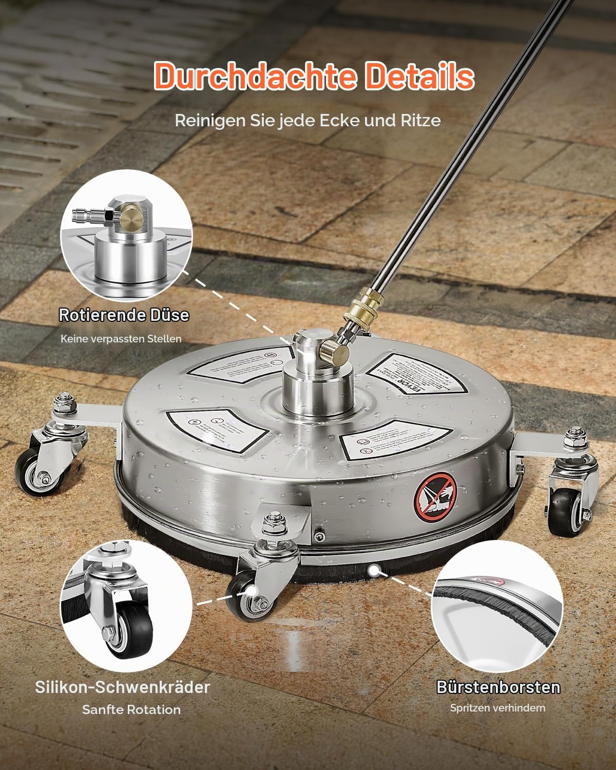 VEVOR 325 mm Hochdruckreiniger, Oberflächenreiniger, Flächenreiniger aus Edelstahl mit 4 Rädern, max. 4000 PSI, 6,35 mm Schnellanschluss, 2 Sprühdüsen, 2 verlängerte Stäbe für Beton, Terrasse, Deck – Bild 5